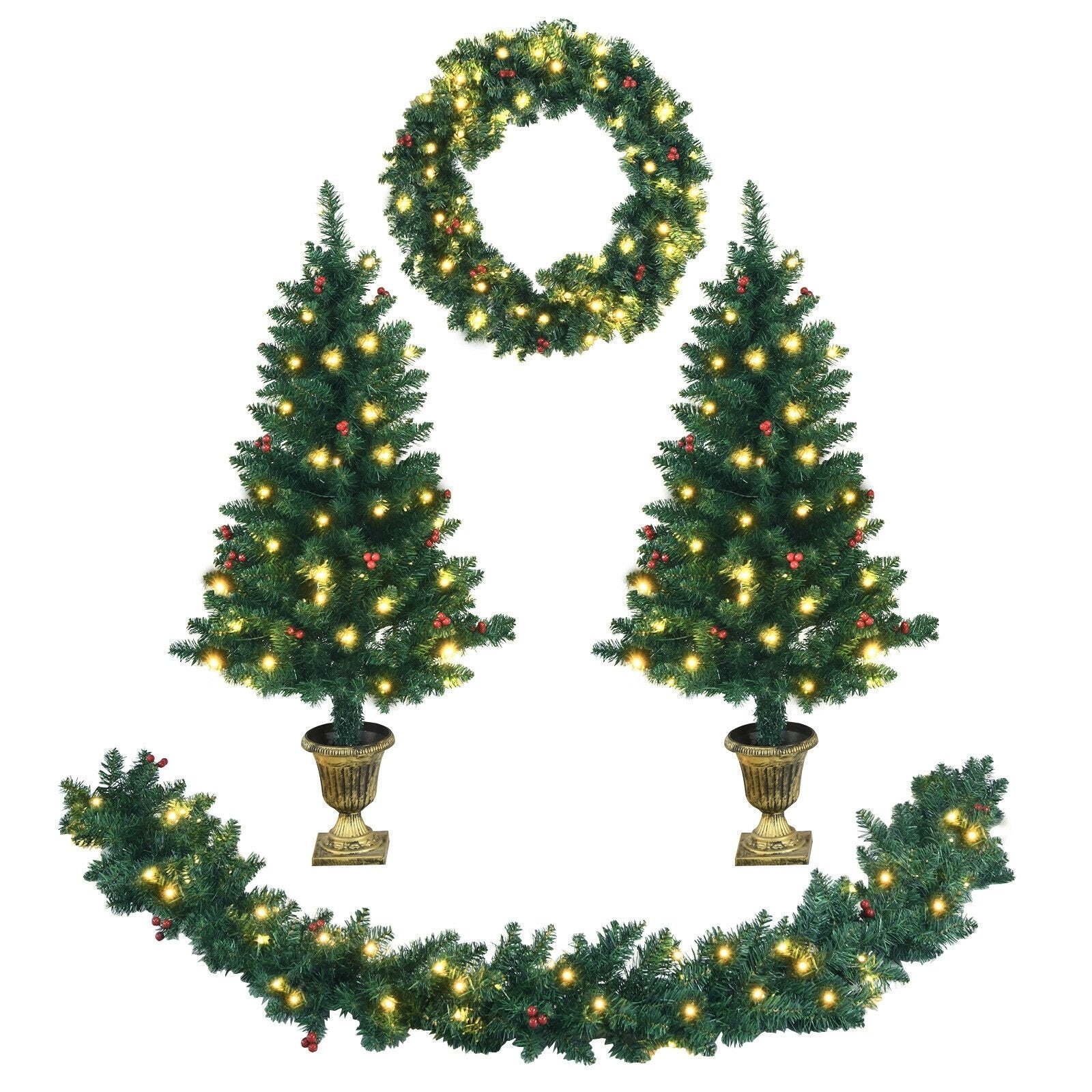 4 Pieces Christmas Decoration Set with Garland Wreath and Entrance Trees, Green Christmas Decor & Accessories   at Gallery Canada