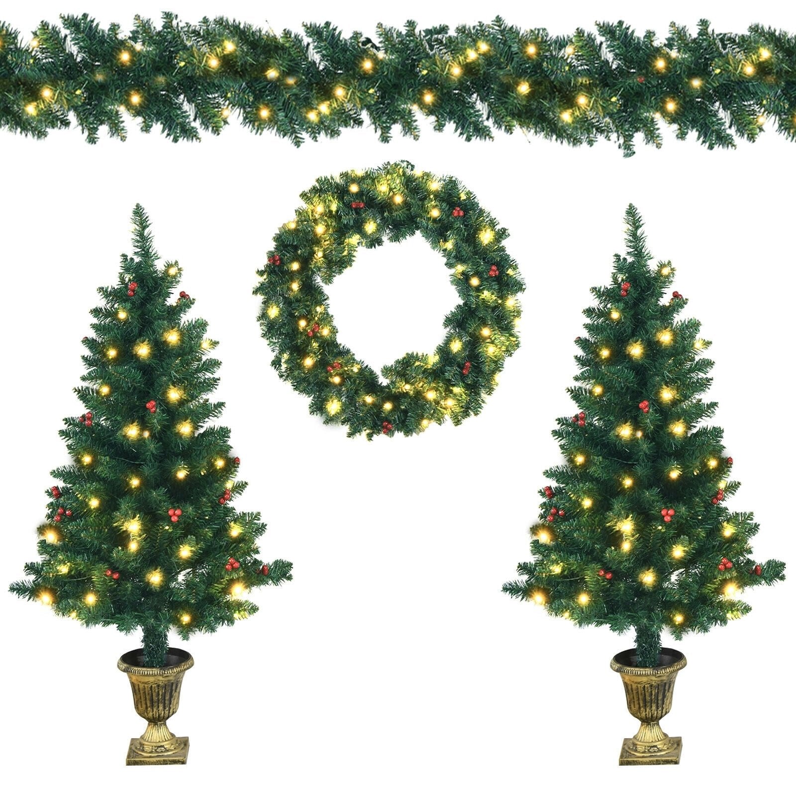 4 Pieces Christmas Decoration Set with Garland Wreath and Entrance Trees, Green Christmas Decor & Accessories   at Gallery Canada