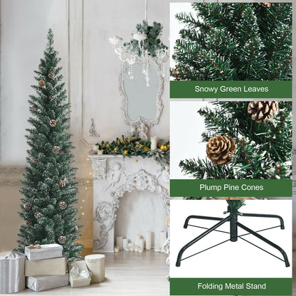 Snowy Artificial Pencil Christmas Tree with Pine Cones-6 ft, Green Christmas Tree   at Gallery Canada