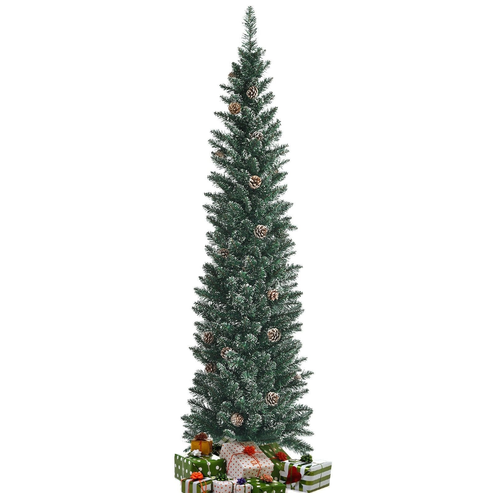 Snowy Artificial Pencil Christmas Tree with Pine Cones-6 ft, Green Christmas Tree   at Gallery Canada