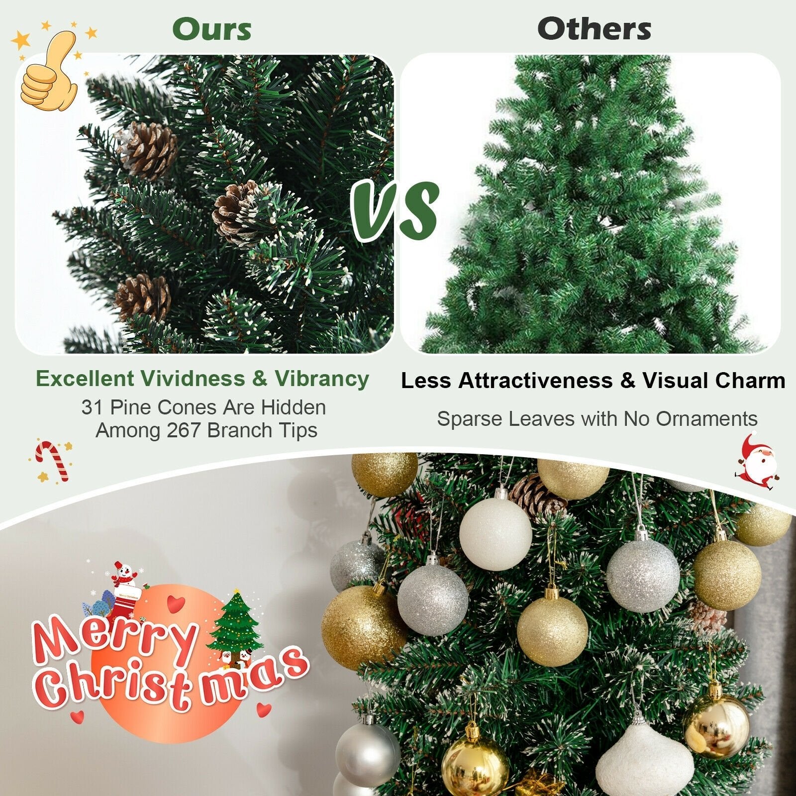 Snowy Artificial Pencil Christmas Tree with Pine Cones-6 ft, Green Christmas Tree   at Gallery Canada