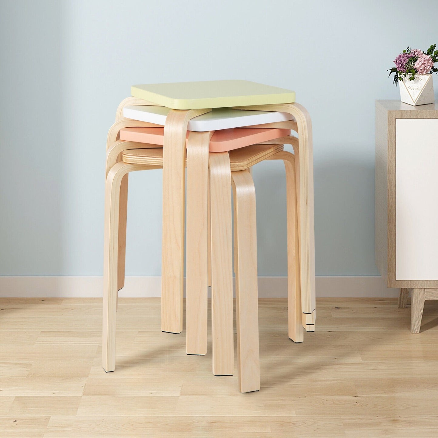 Set of 4 Colorful Square Stools with Anti-slip Felt Mats, Multicolor Dining Chairs   at Gallery Canada