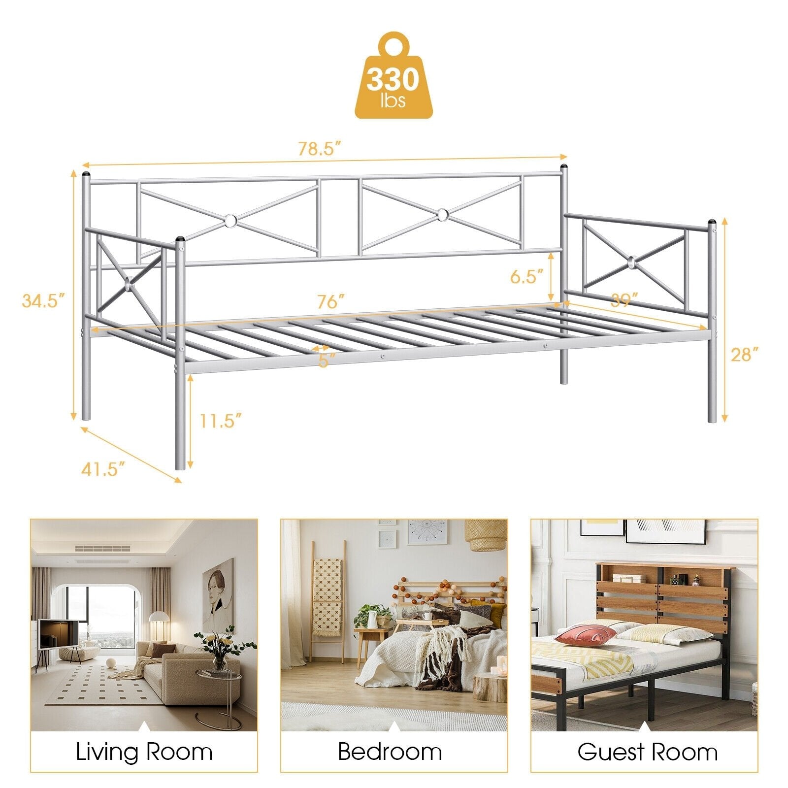 Metal Daybed Twin Bed Frame Stable Steel Slats Sofa Bed, Silver Trundle Bed Frame   at Gallery Canada