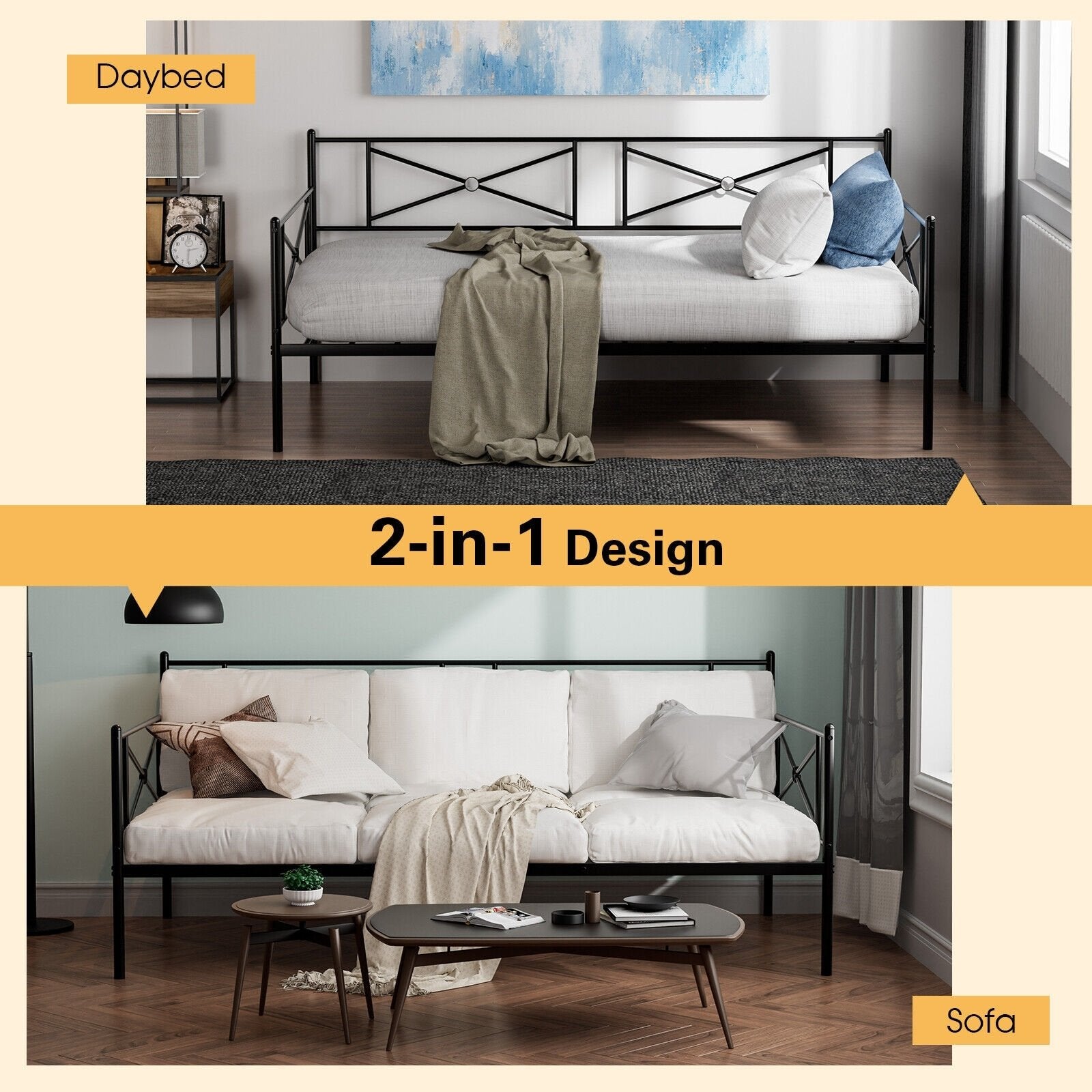 Metal Daybed Twin Bed Frame Stable Steel Slats Sofa Bed, Black Trundle Bed Frame   at Gallery Canada