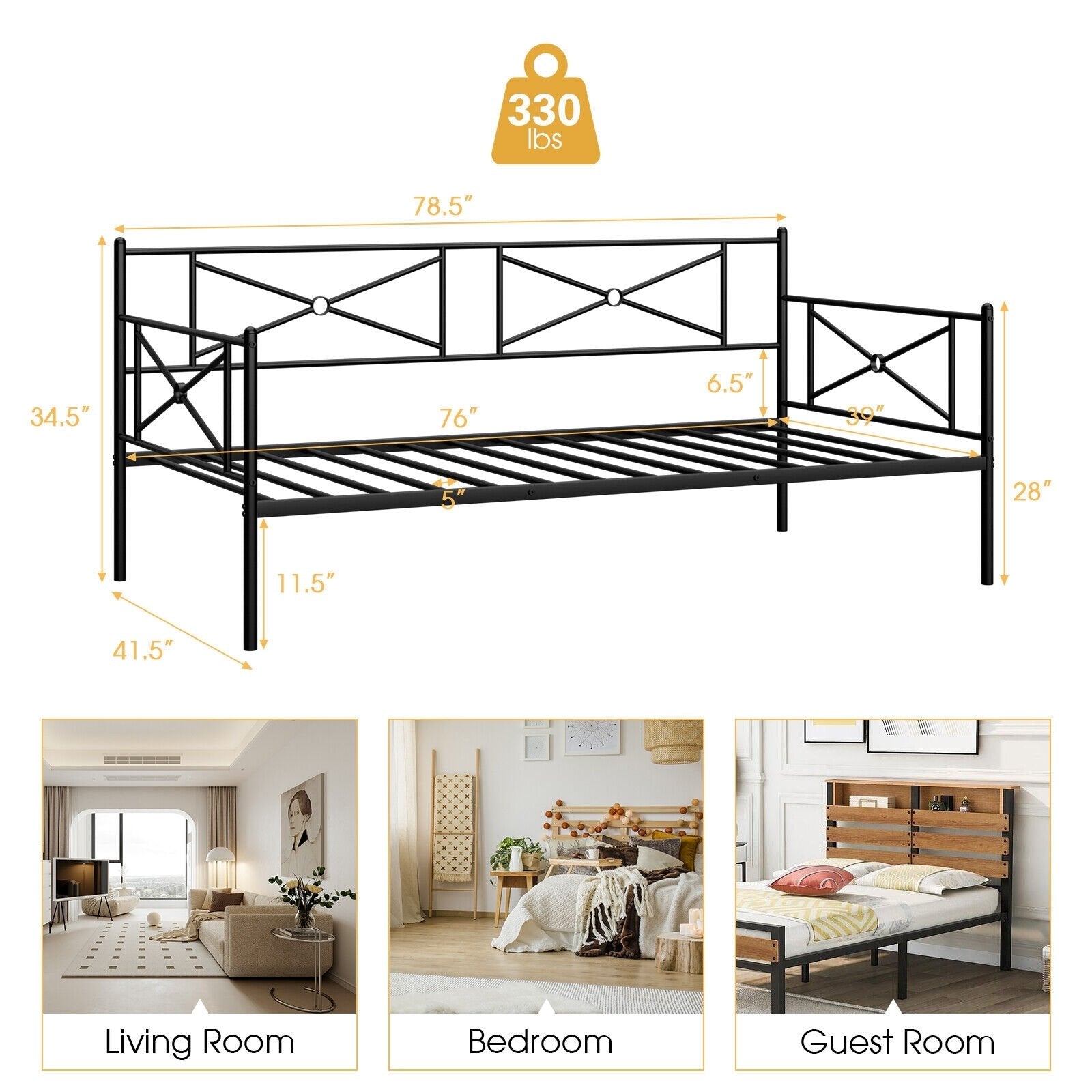 Metal Daybed Twin Bed Frame Stable Steel Slats Sofa Bed, Black Trundle Bed Frame   at Gallery Canada