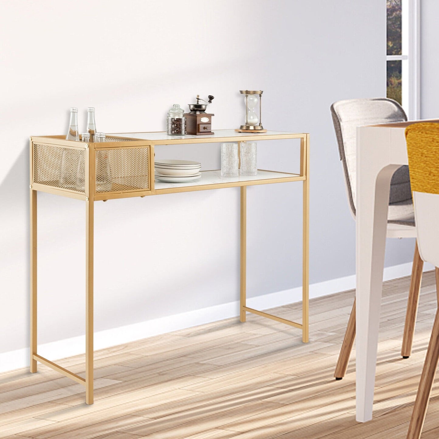 Faux Marble Console Table with Wire Baske for Hallway and Living Room, White Console Tables   at Gallery Canada