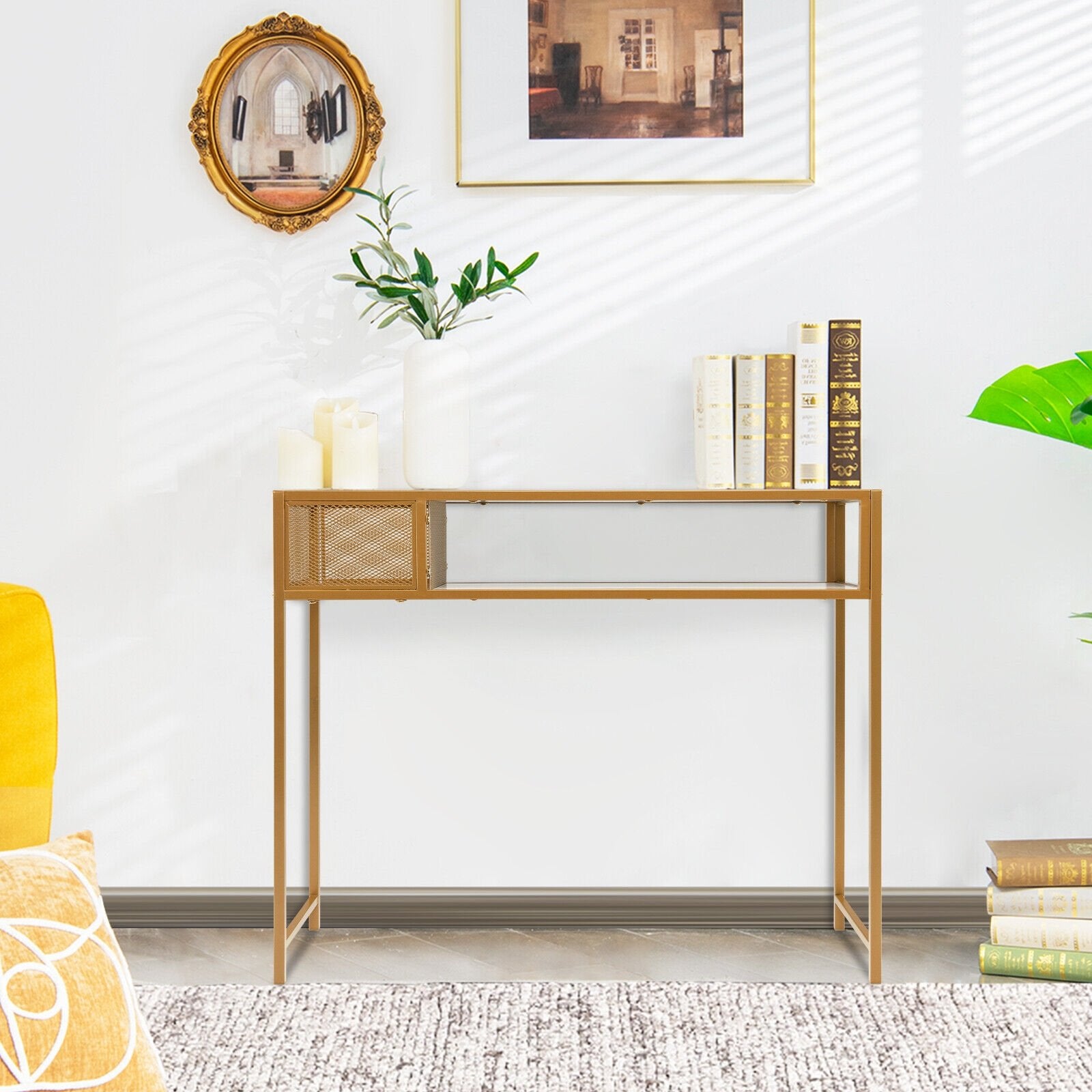 Faux Marble Console Table with Wire Baske for Hallway and Living Room, White Console Tables   at Gallery Canada