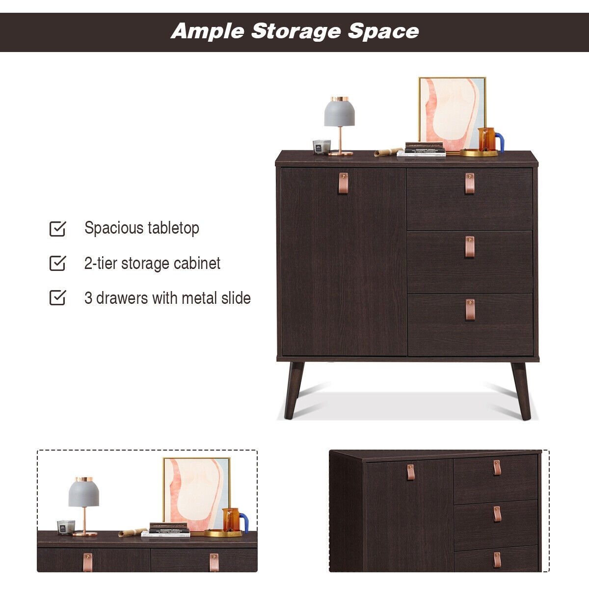 3-drawer Sideboard Storage Display Cabinet, Brown - Gallery Canada