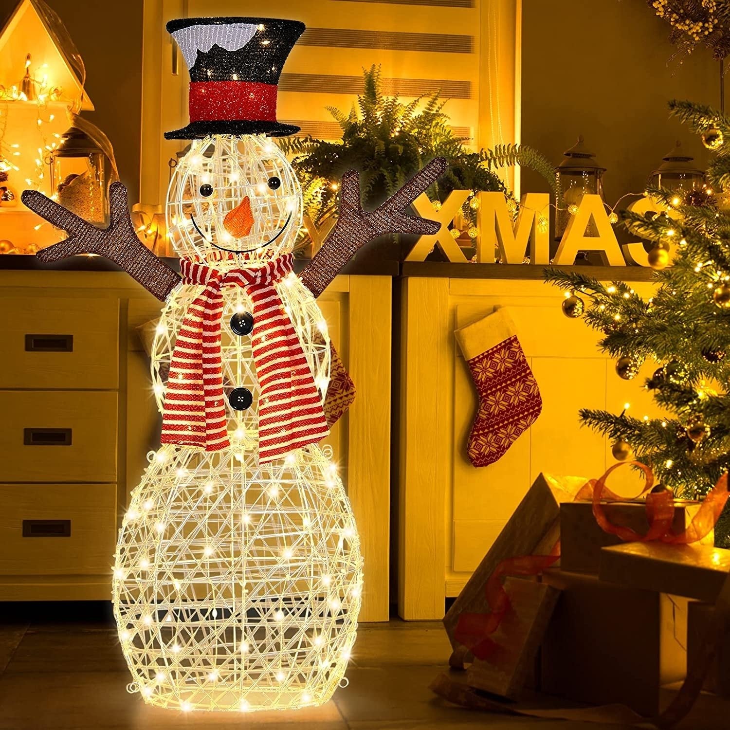 Indoor/Outdoor Christmas Lighted Snowman Decorations with Pre-Lit 80 Lights, Golden - Gallery Canada