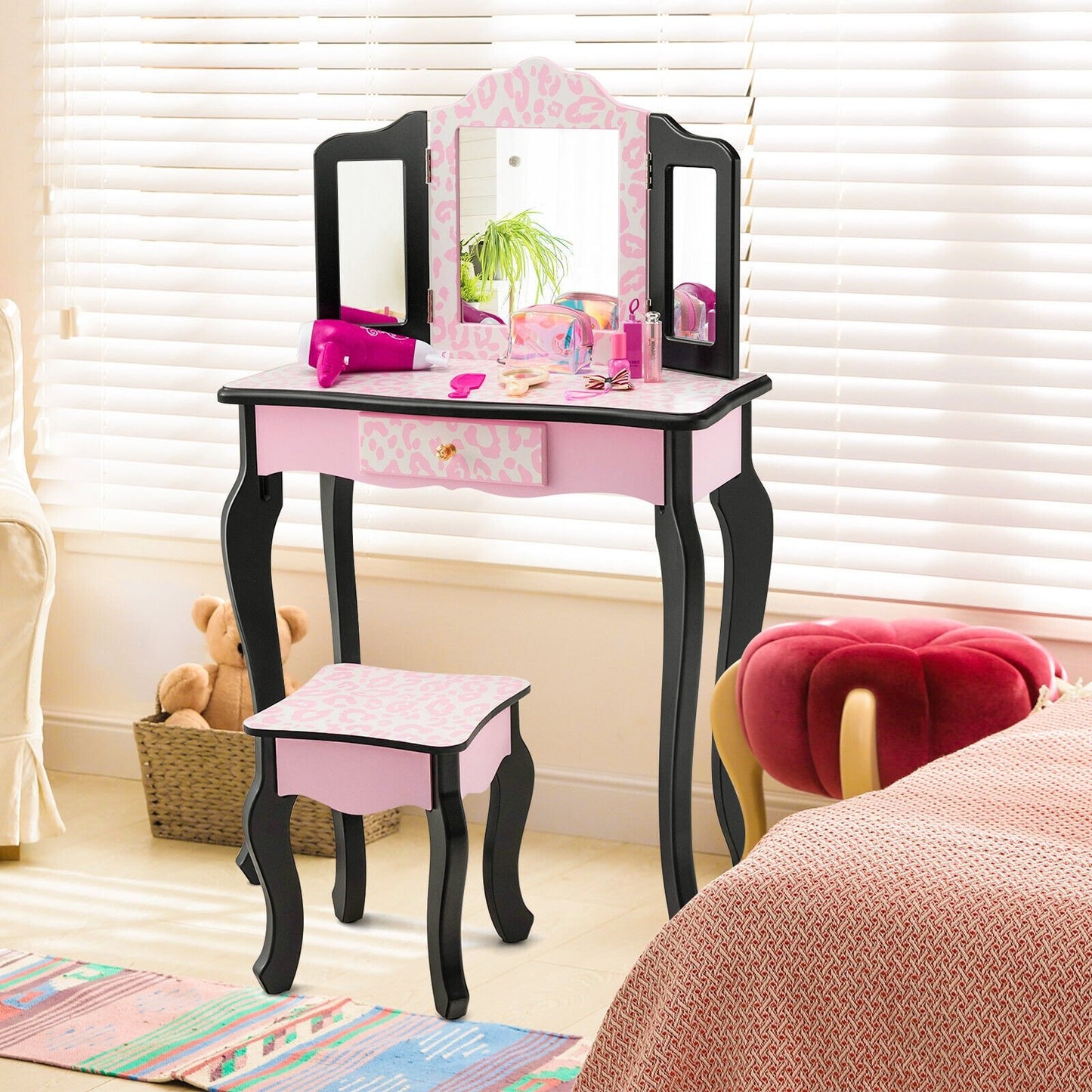 Kid Vanity Set with Tri-Folding Mirror and Leopard Print, Pink - Gallery Canada