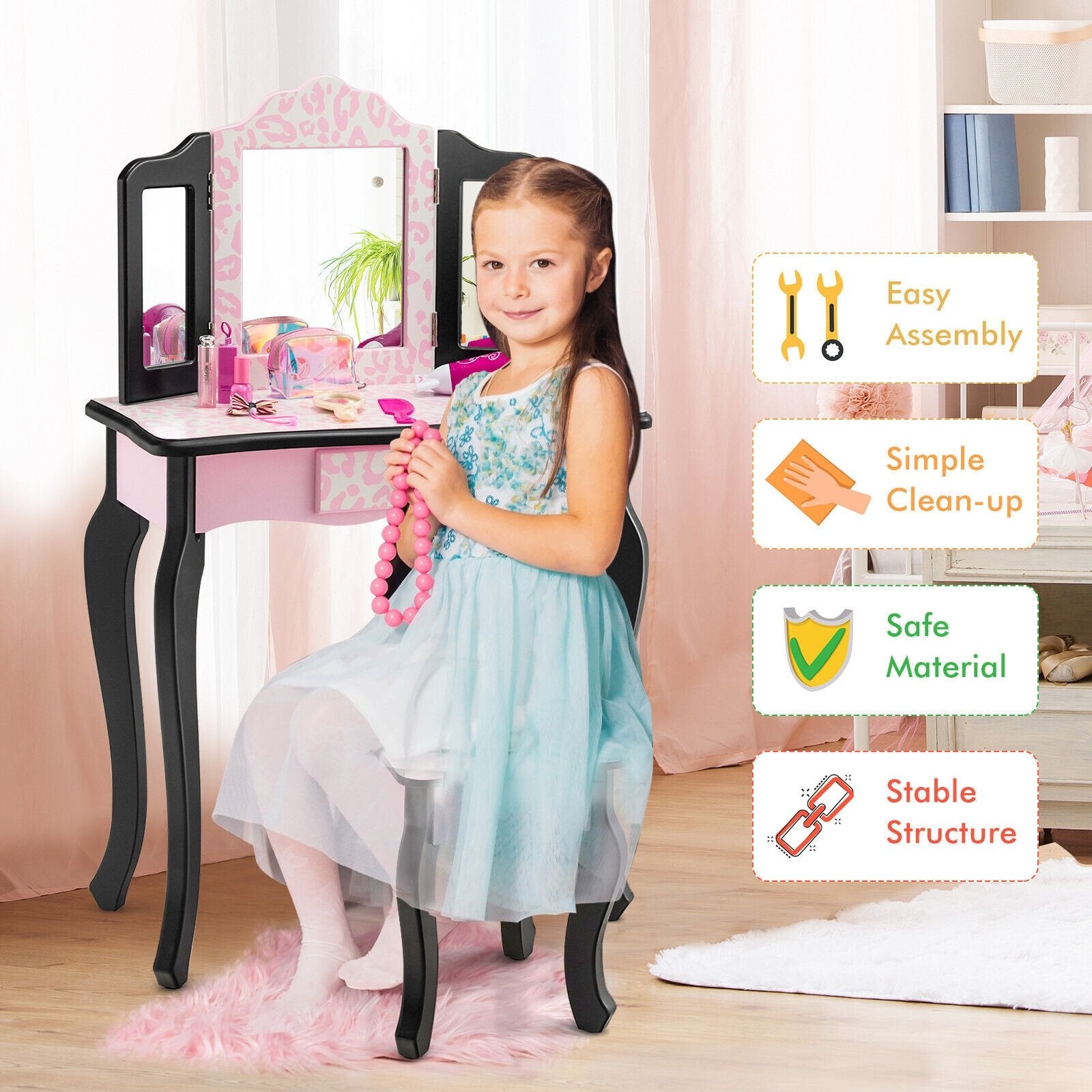 Kid Vanity Set with Tri-Folding Mirror and Leopard Print, Pink - Gallery Canada