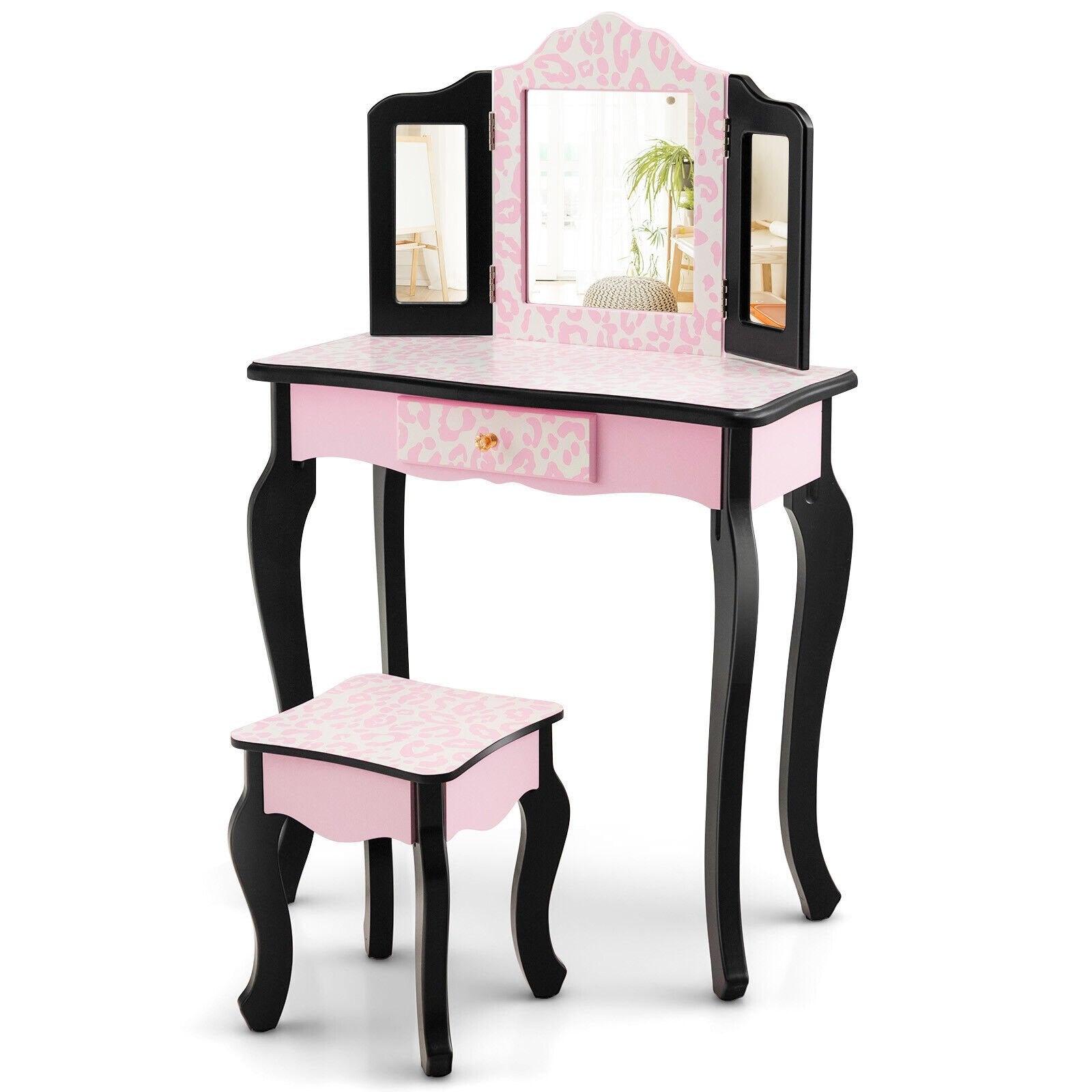 Kid Vanity Set with Tri-Folding Mirror and Leopard Print, Pink Kids Vanities   at Gallery Canada