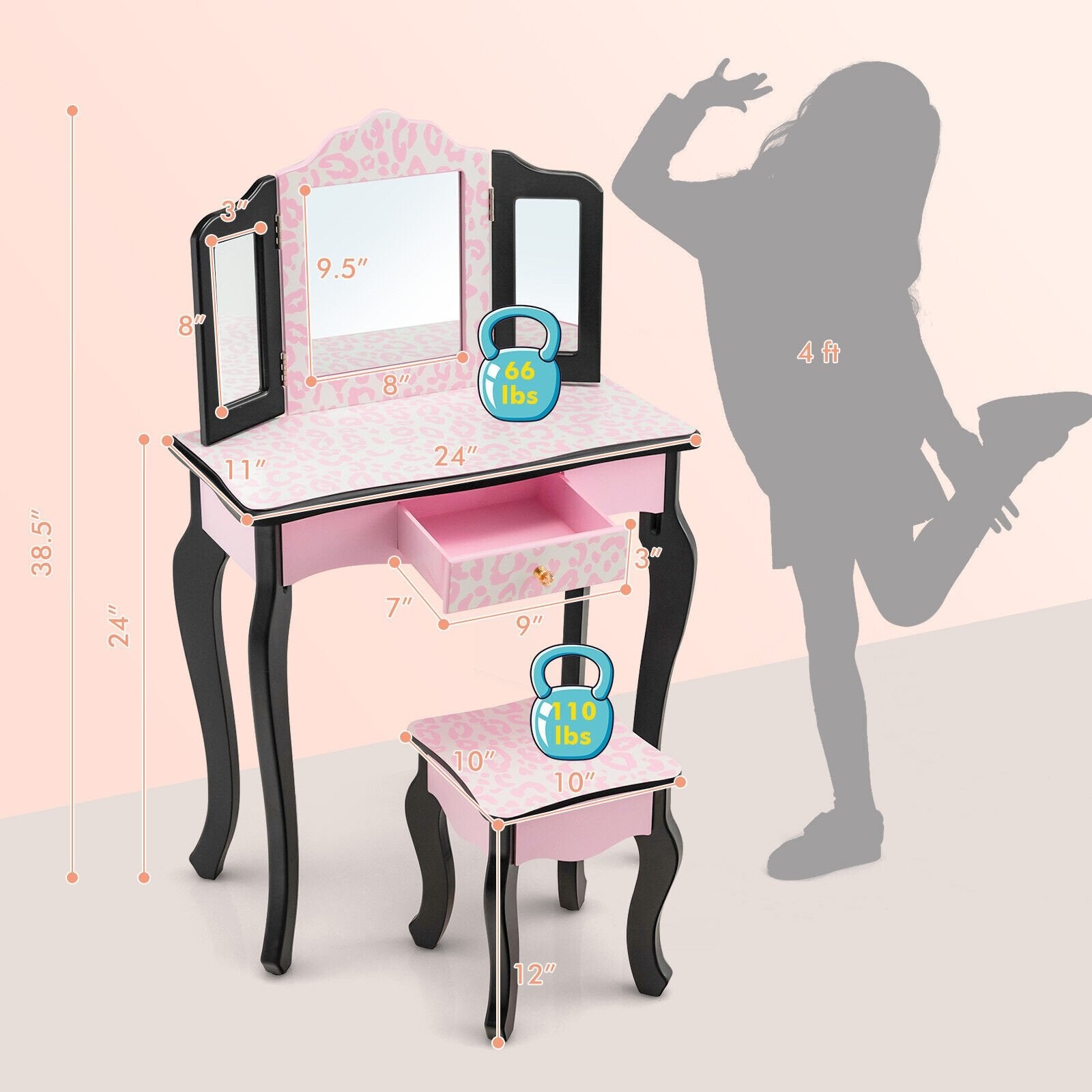 Kid Vanity Set with Tri-Folding Mirror and Leopard Print, Pink Kids Vanities   at Gallery Canada