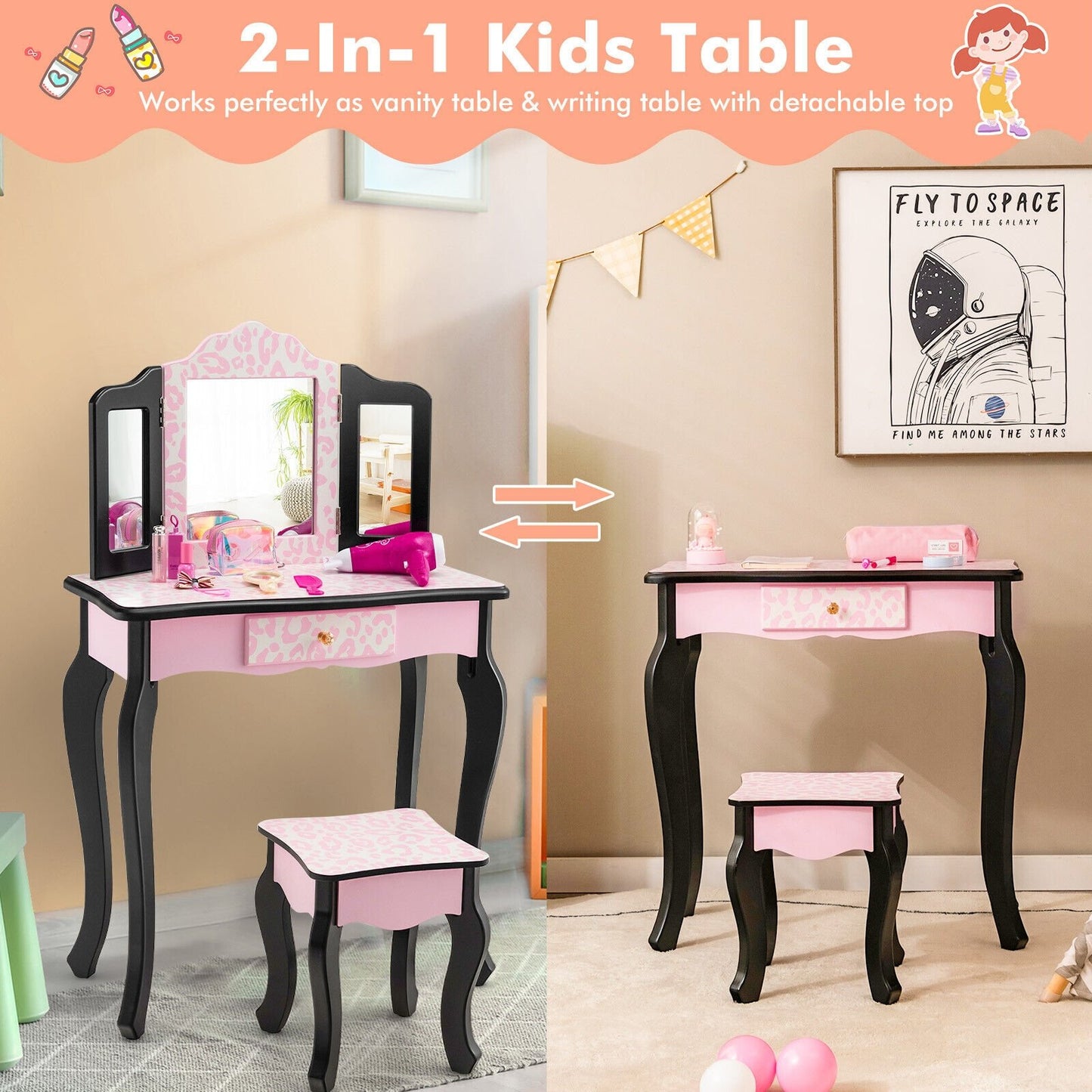 Kid Vanity Set with Tri-Folding Mirror and Leopard Print, Pink - Gallery Canada