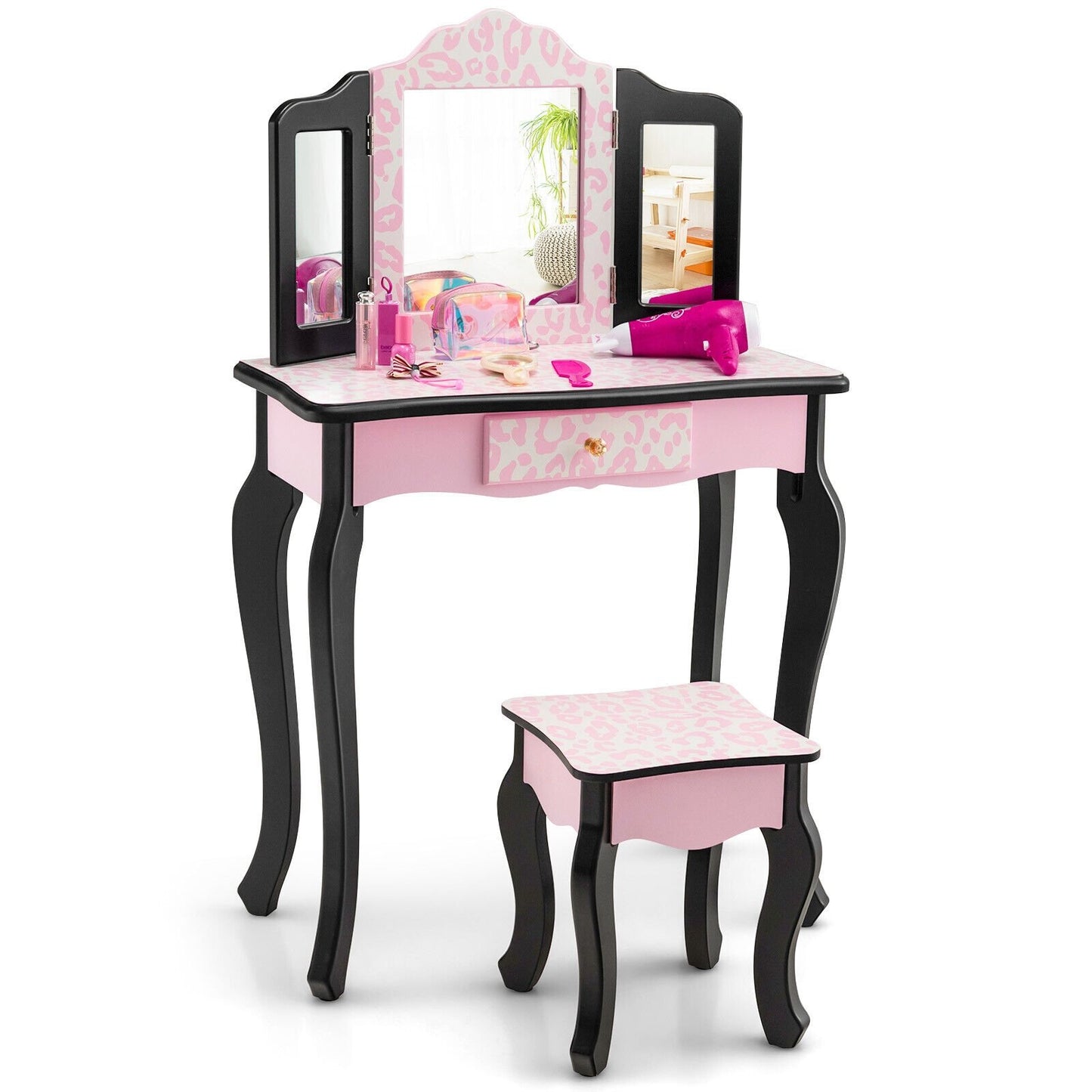 Kid Vanity Set with Tri-Folding Mirror and Leopard Print, Pink Kids Vanities   at Gallery Canada