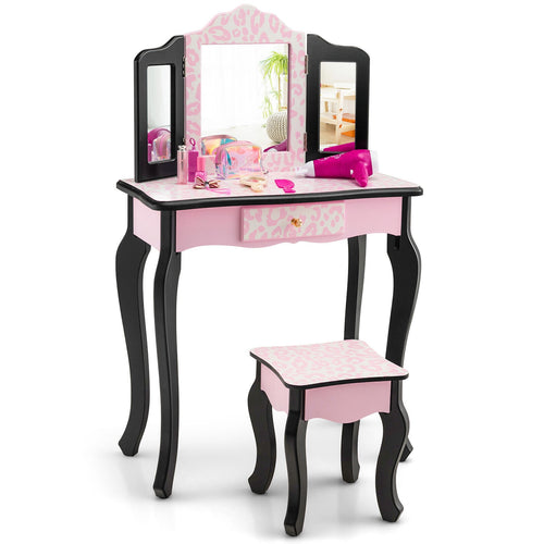 Kid Vanity Set with Tri-Folding Mirror and Leopard Print, Pink
