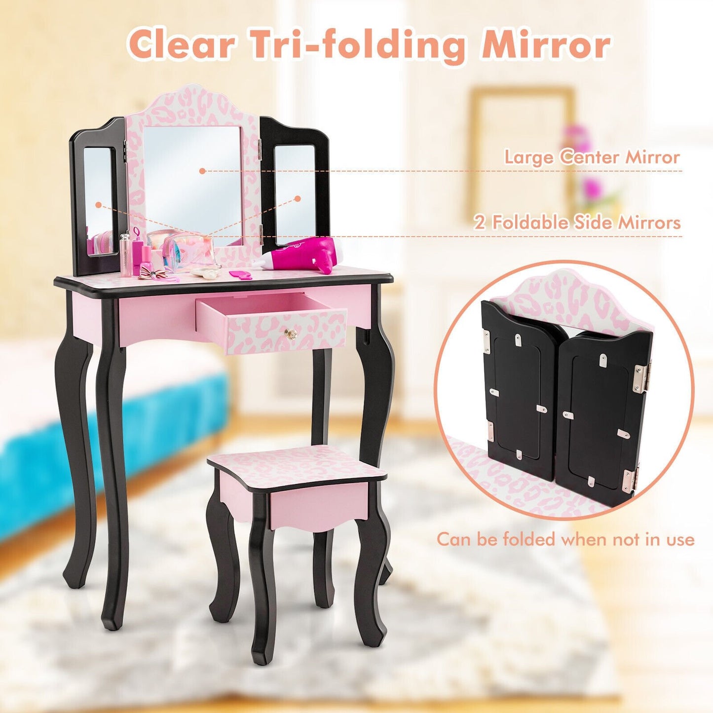 Kid Vanity Set with Tri-Folding Mirror and Leopard Print, Pink Kids Vanities   at Gallery Canada