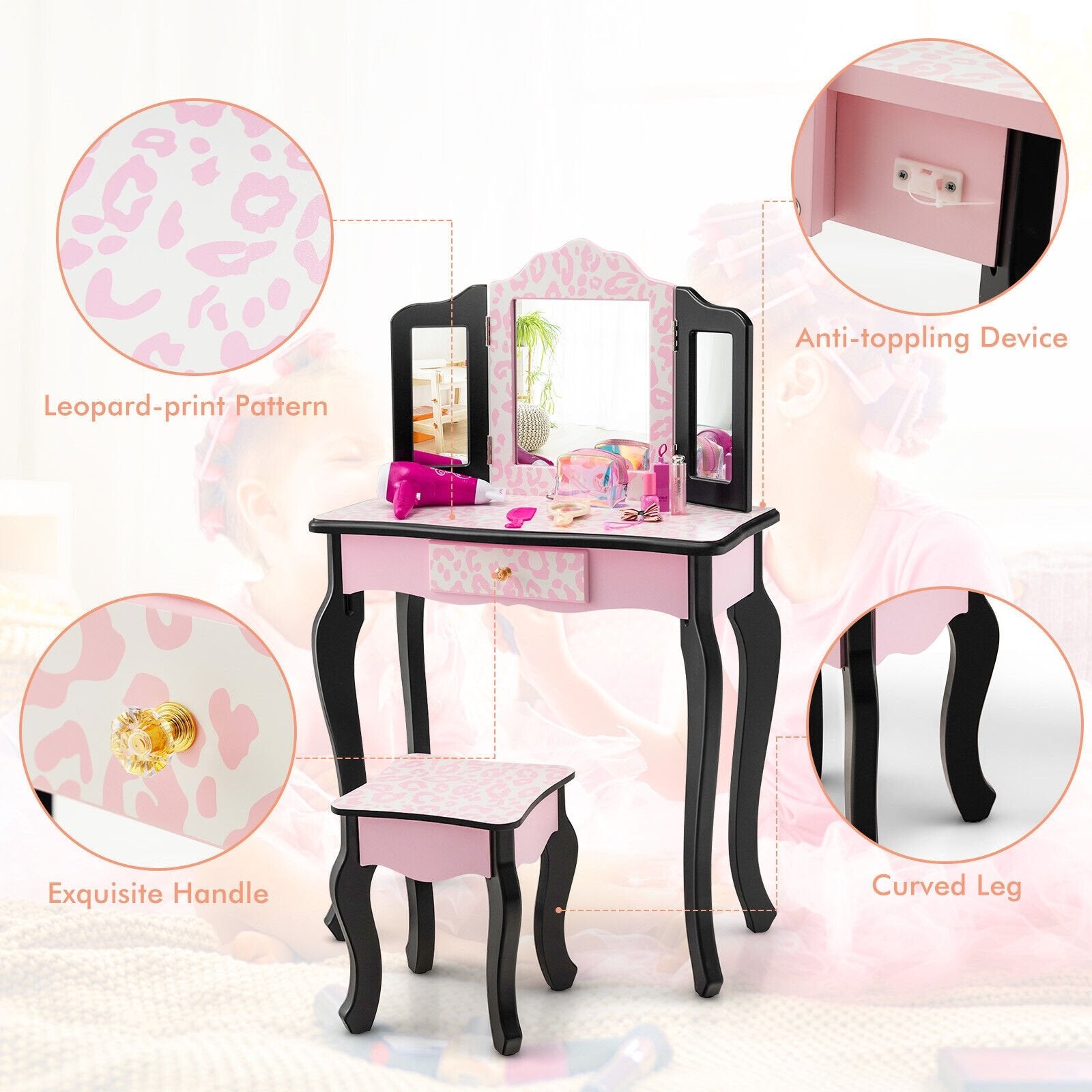 Kid Vanity Set with Tri-Folding Mirror and Leopard Print, Pink Kids Vanities   at Gallery Canada