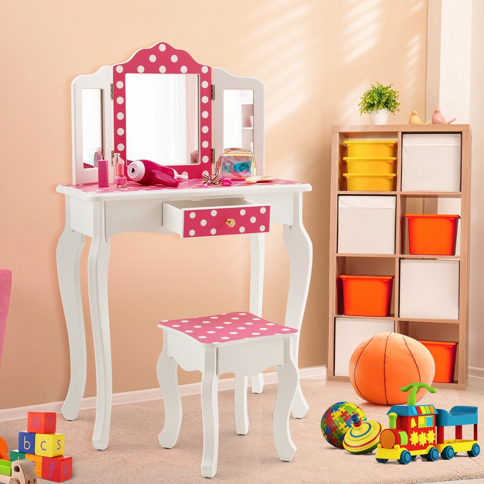 Kids Vanity Table and Stool Set with Cute Polka Dot Print, Pink Kids Vanities   at Gallery Canada