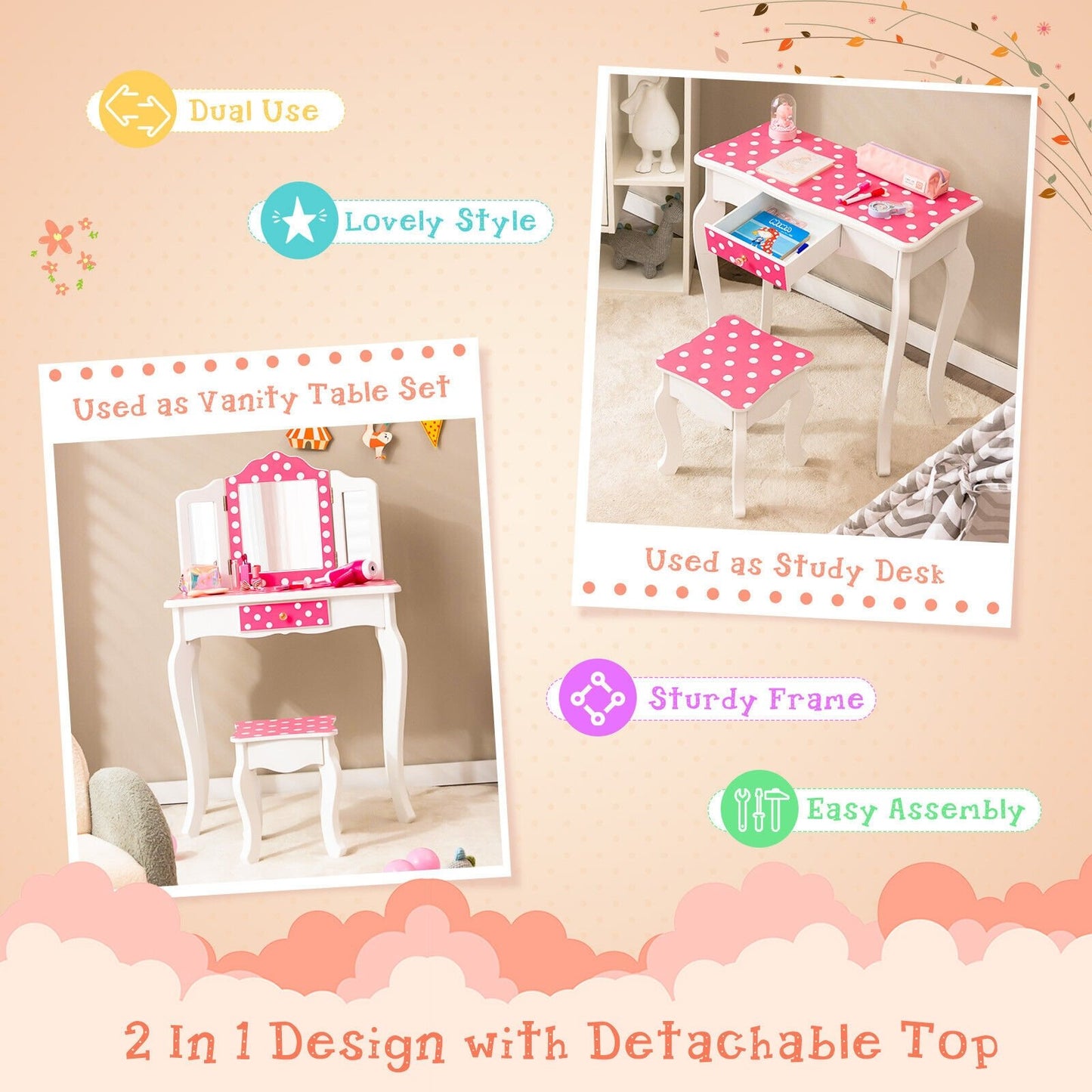 Kids Vanity Table and Stool Set with Cute Polka Dot Print, Pink - Gallery Canada