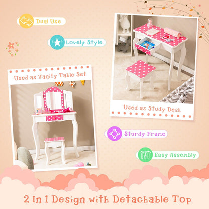 Kids Vanity Table and Stool Set with Cute Polka Dot Print, Pink - Gallery Canada