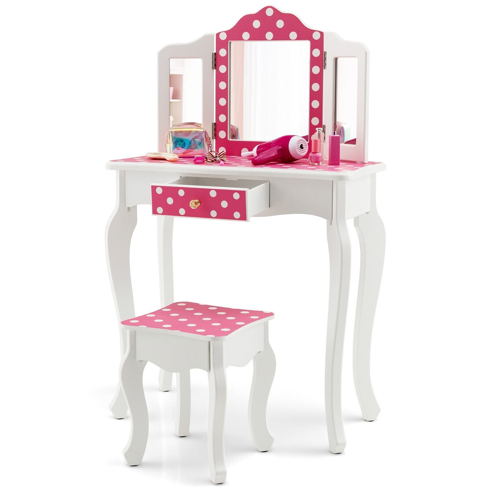 Kids Vanity Table and Stool Set with Cute Polka Dot Print, Pink Kids Vanities   at Gallery Canada