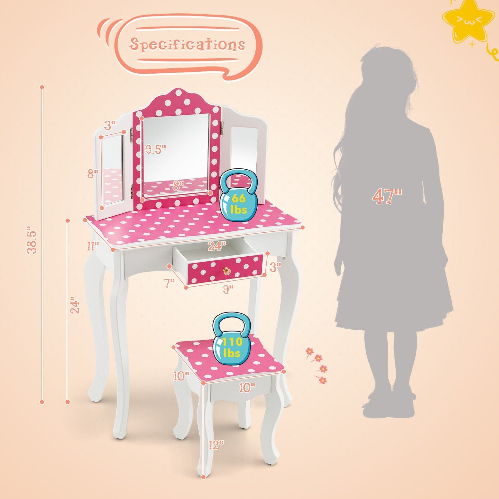 Kids Vanity Table and Stool Set with Cute Polka Dot Print, Pink Kids Vanities   at Gallery Canada