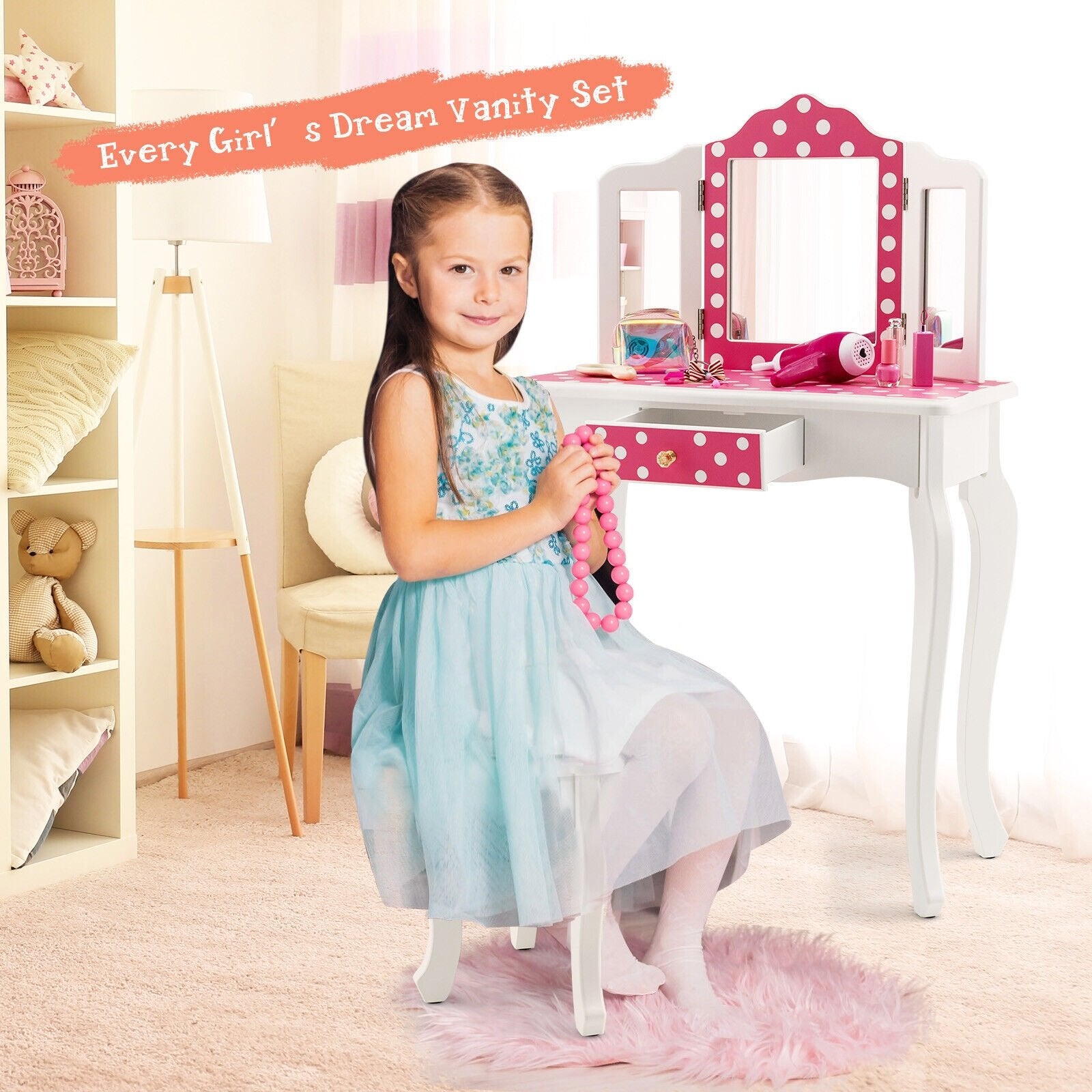 Kids Vanity Table and Stool Set with Cute Polka Dot Print, Pink Kids Vanities   at Gallery Canada