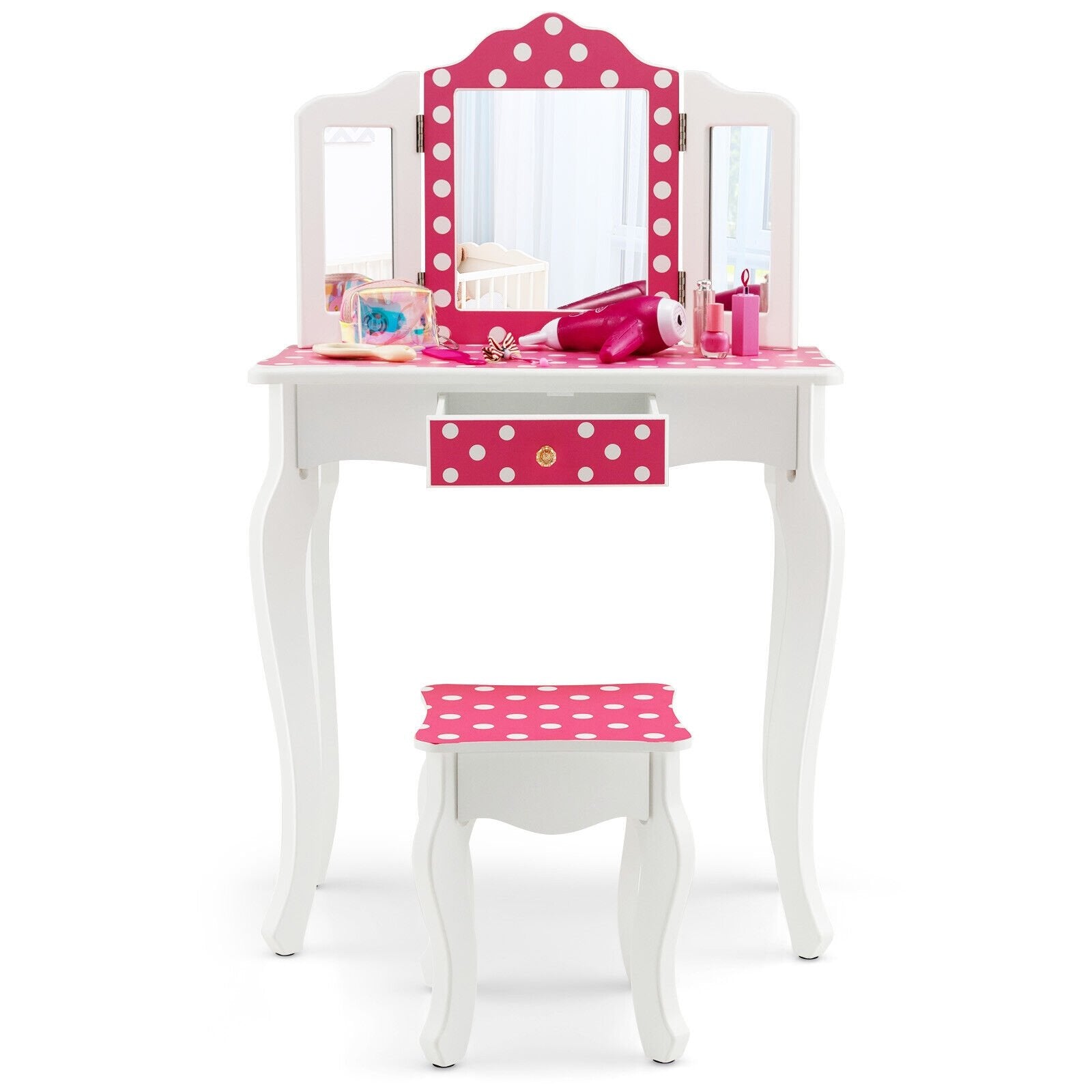 Kids Vanity Table and Stool Set with Cute Polka Dot Print, Pink Kids Vanities   at Gallery Canada