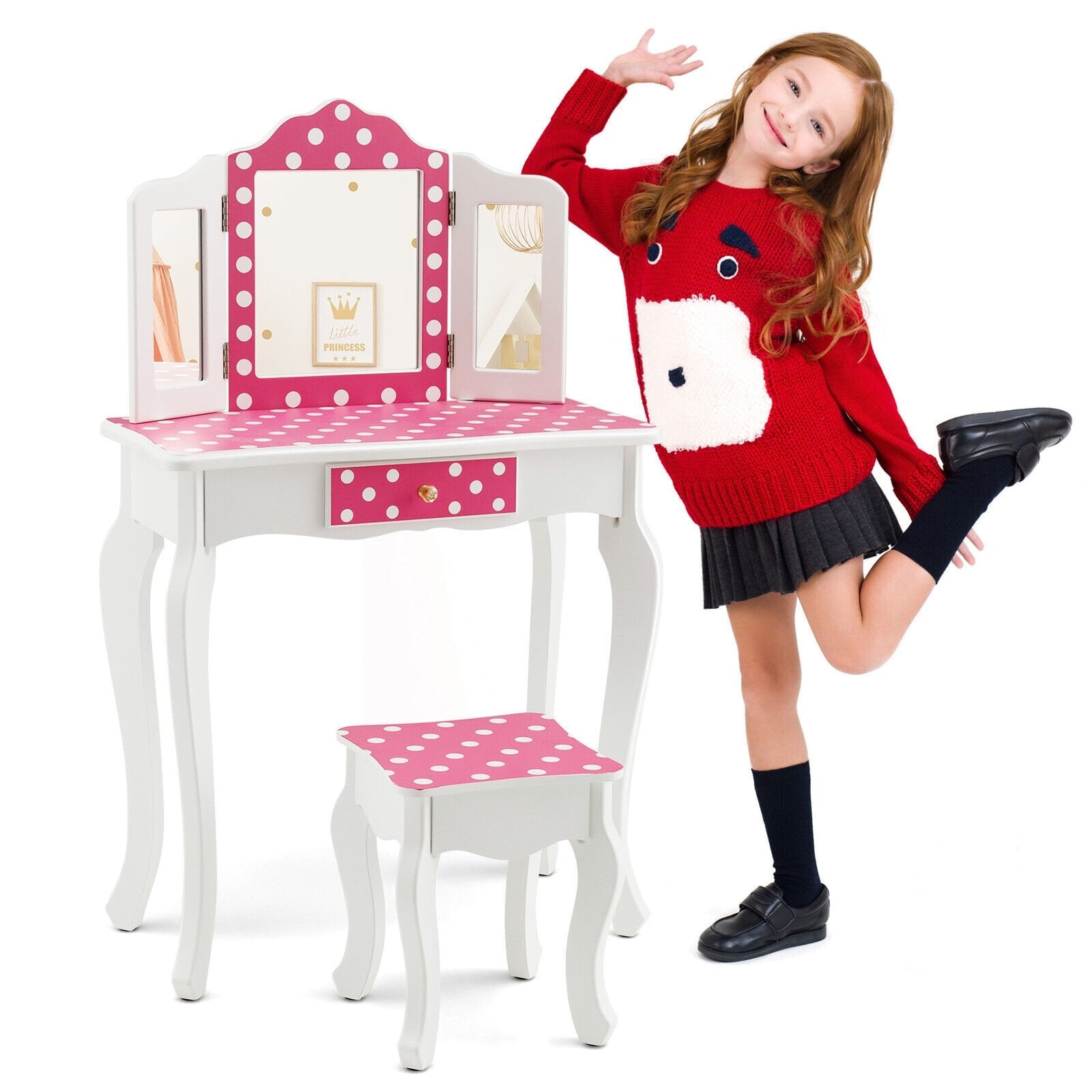 Kids Vanity Table and Stool Set with Cute Polka Dot Print, Pink - Gallery Canada