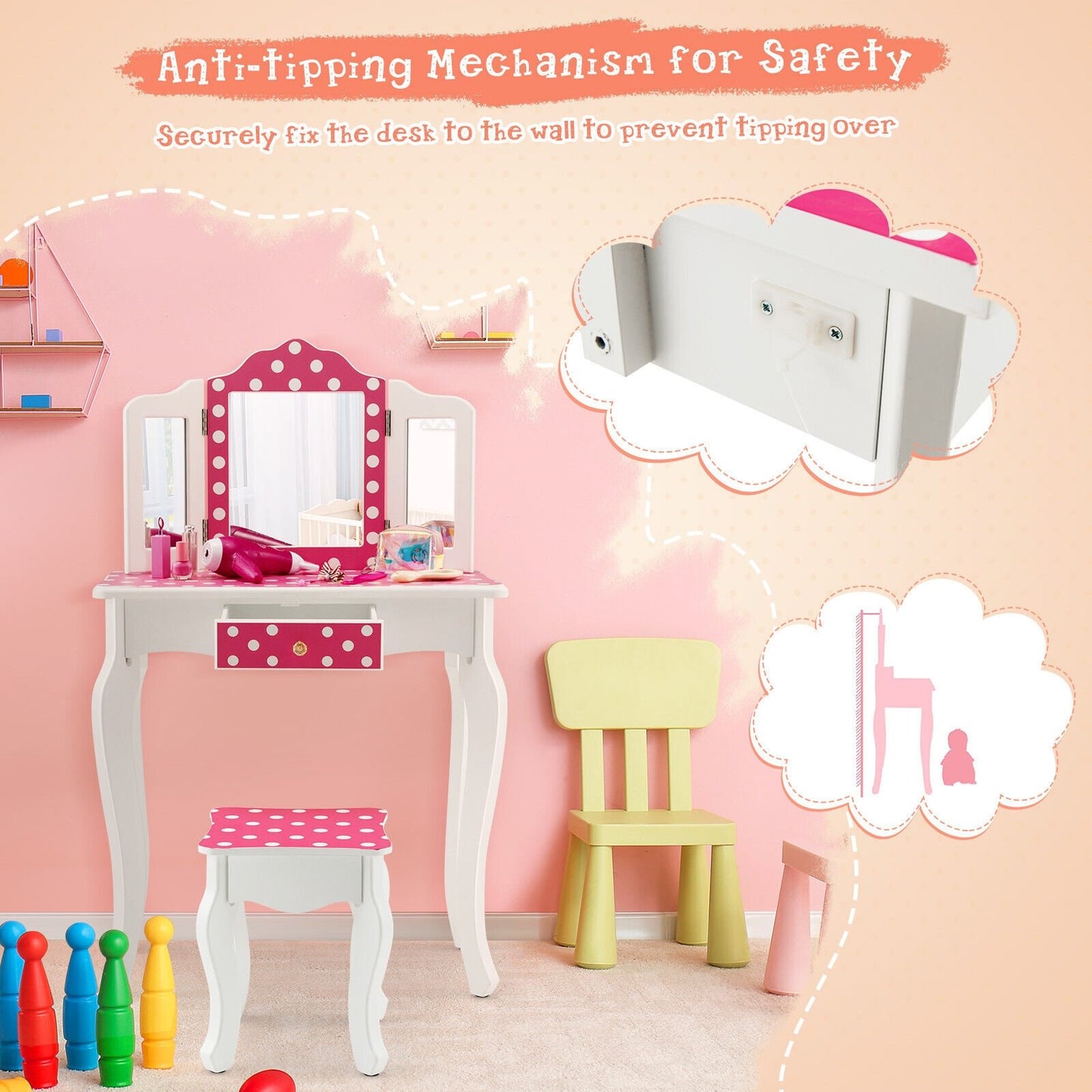 Kids Vanity Table and Stool Set with Cute Polka Dot Print, Pink Kids Vanities   at Gallery Canada