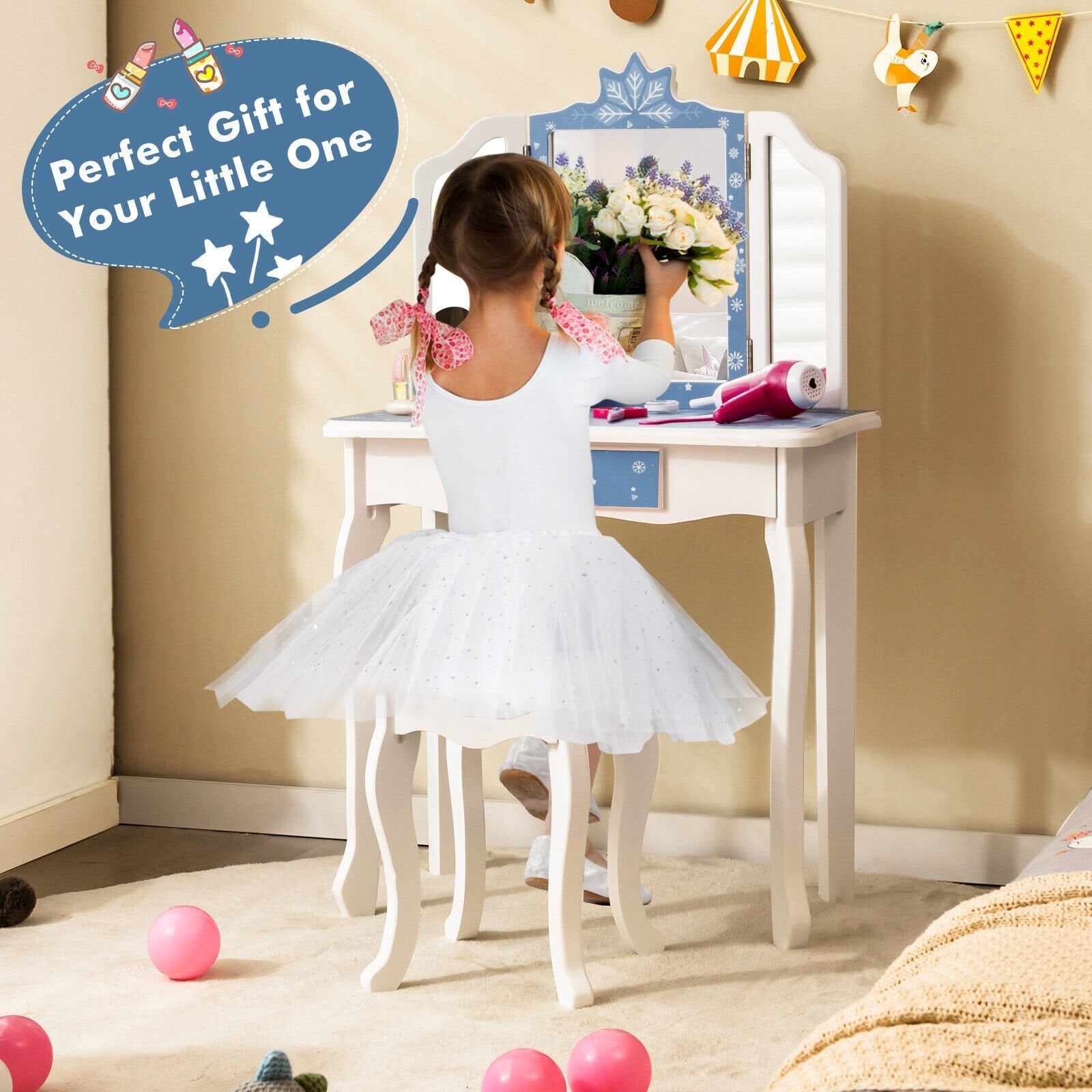 Princess Vanity Table and Chair Set with Tri-Folding Mirror and Snowflake Print, Blue Kids Vanities   at Gallery Canada