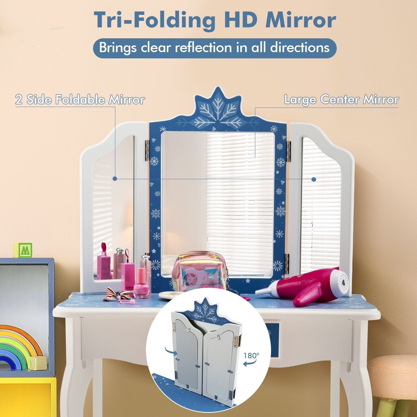 Princess Vanity Table and Chair Set with Tri-Folding Mirror and Snowflake Print, Blue Kids Vanities   at Gallery Canada