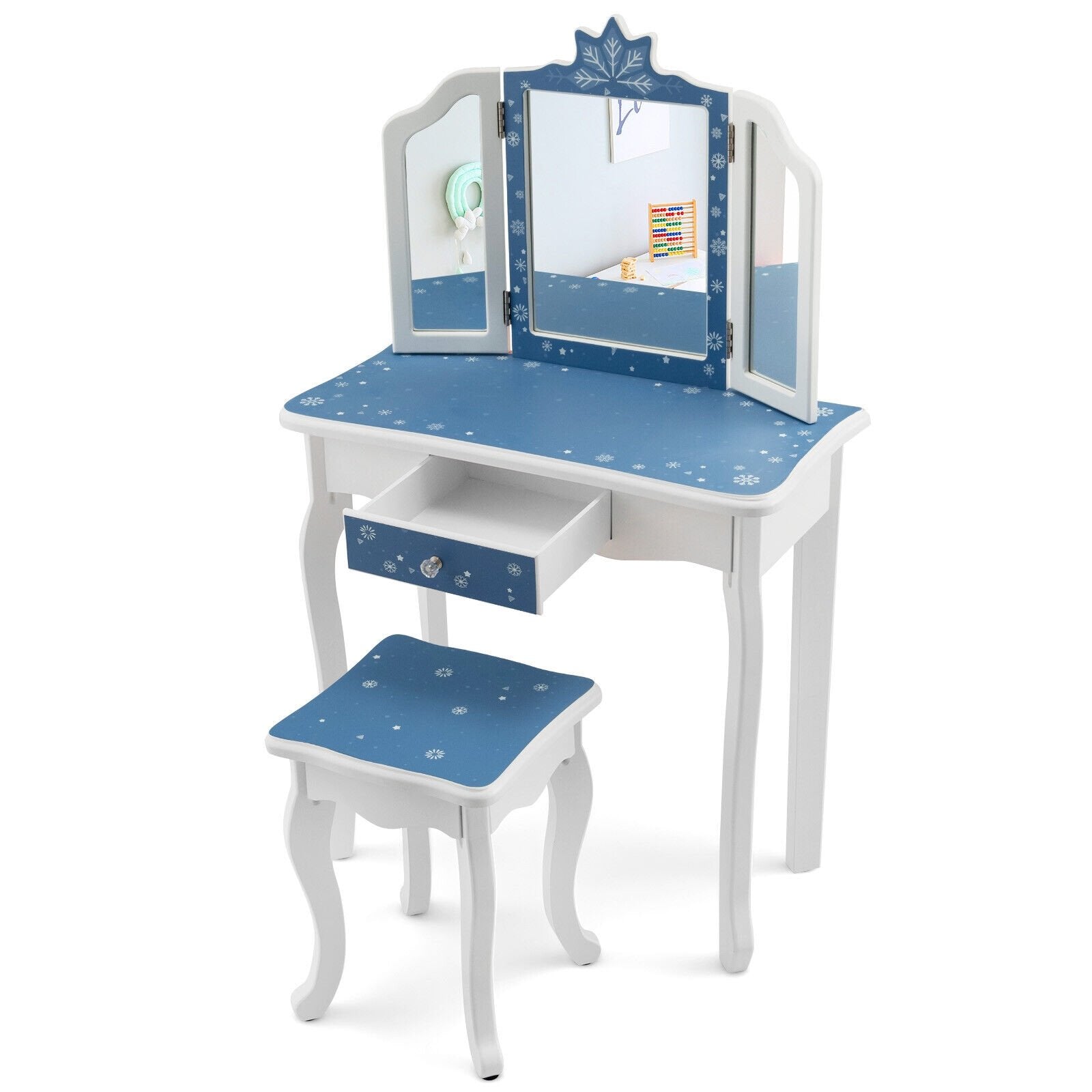 Princess Vanity Table and Chair Set with Tri-Folding Mirror and Snowflake Print, Blue Kids Vanities   at Gallery Canada