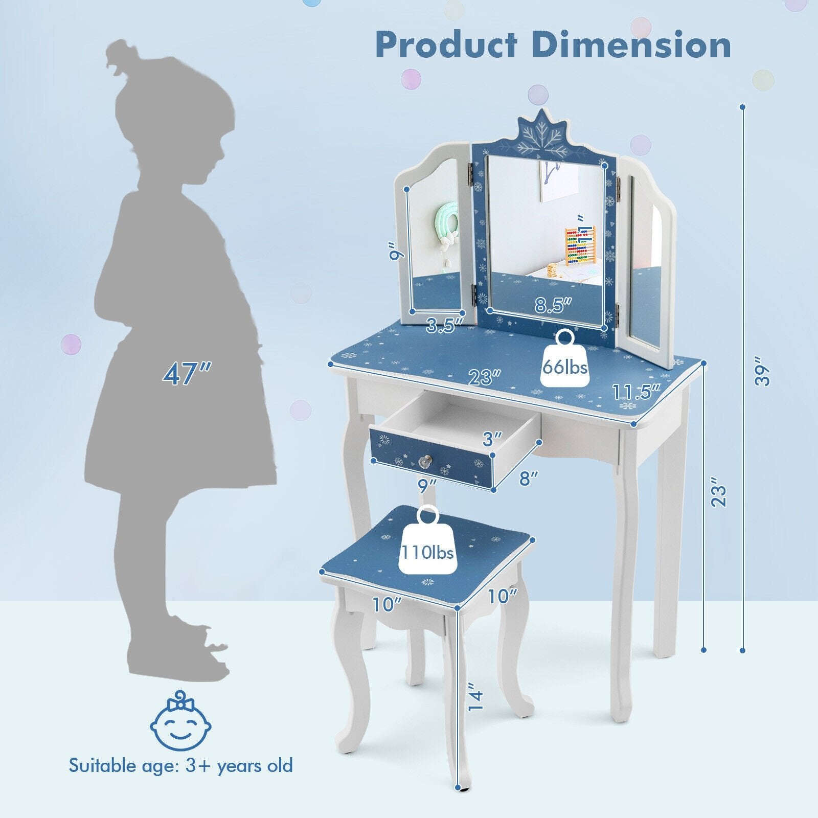 Princess Vanity Table and Chair Set with Tri-Folding Mirror and Snowflake Print, Blue Kids Vanities   at Gallery Canada