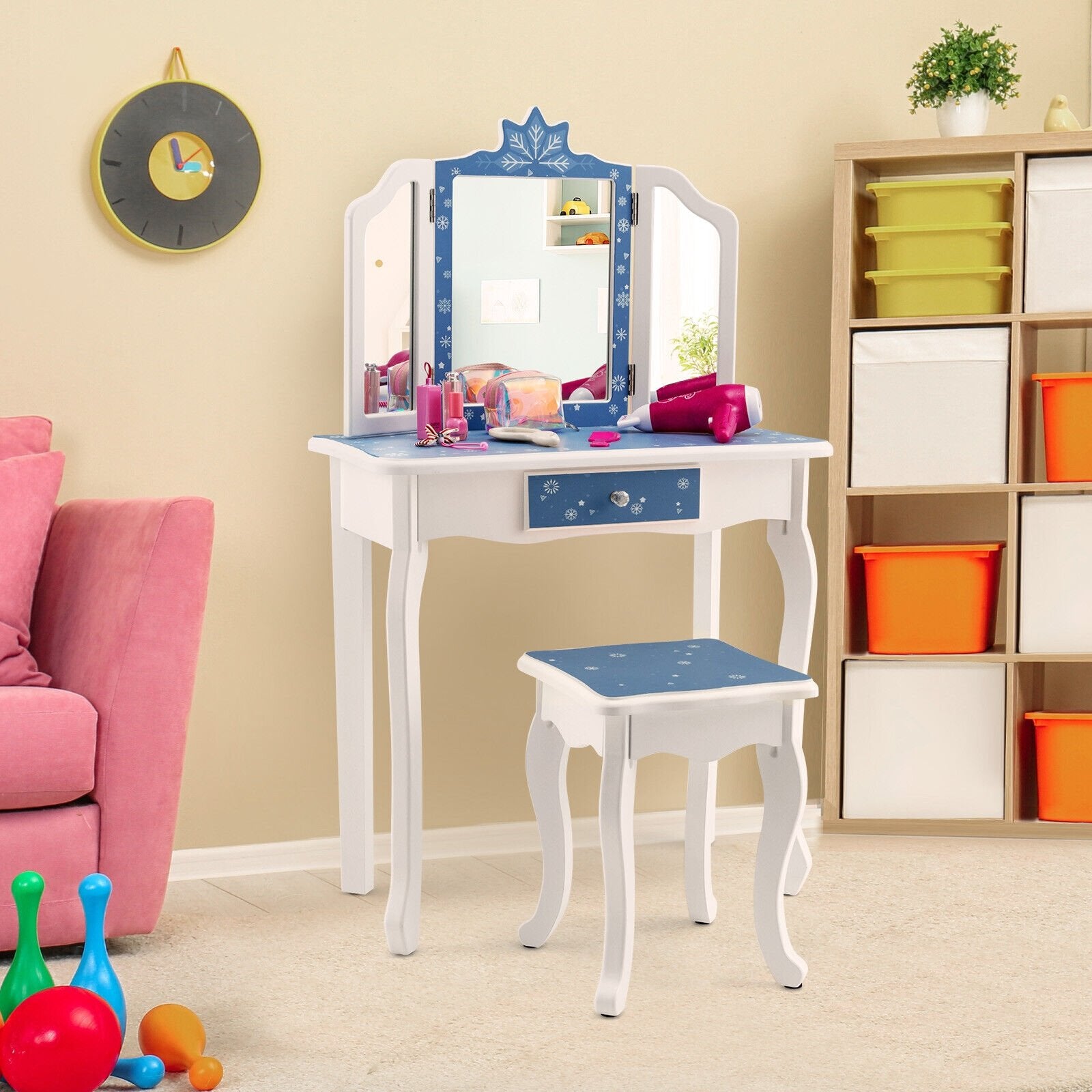 Princess Vanity Table and Chair Set with Tri-Folding Mirror and Snowflake Print, Blue Kids Vanities   at Gallery Canada