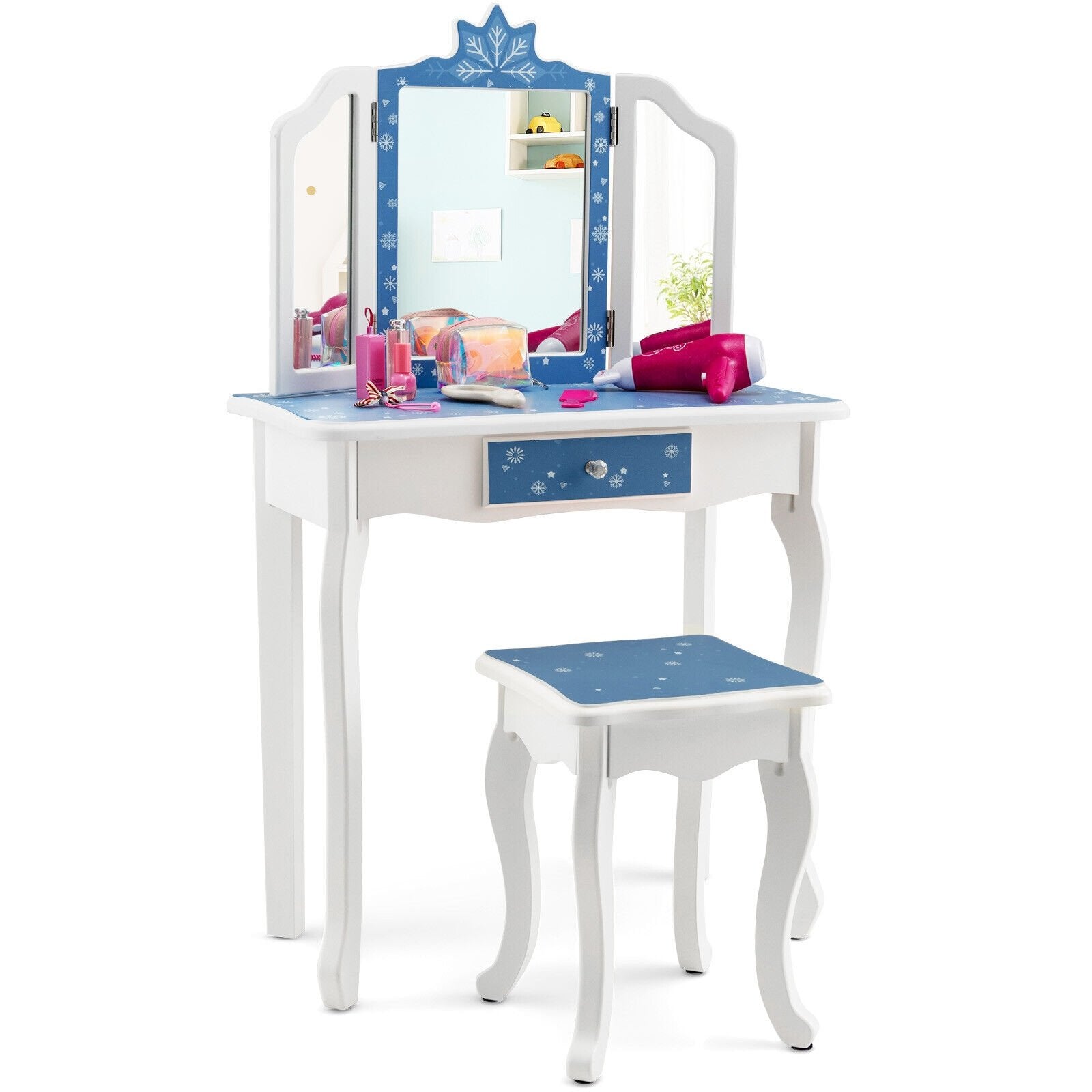 Princess Vanity Table and Chair Set with Tri-Folding Mirror and Snowflake Print, Blue Kids Vanities   at Gallery Canada