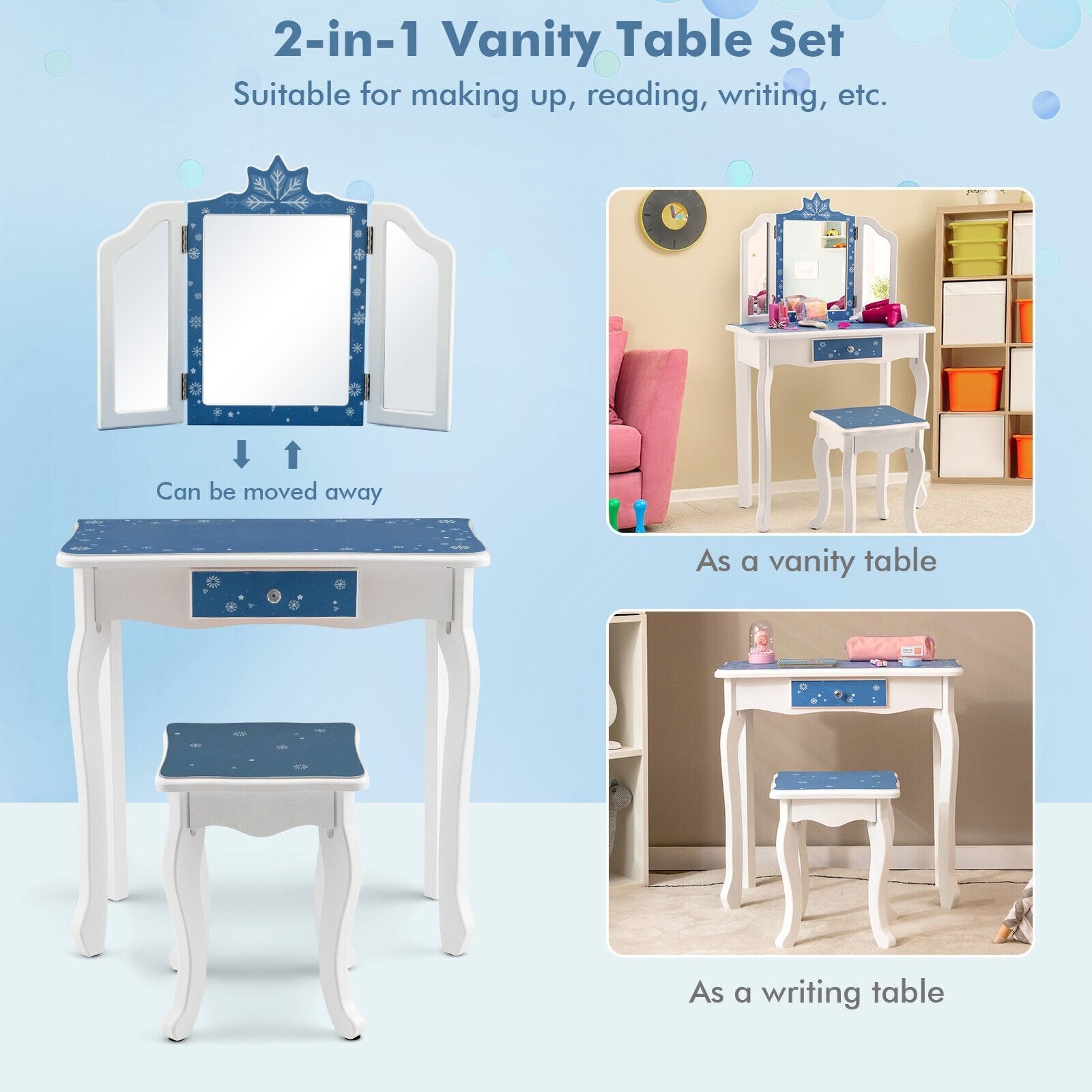 Princess Vanity Table and Chair Set with Tri-Folding Mirror and Snowflake Print, Blue Kids Vanities   at Gallery Canada