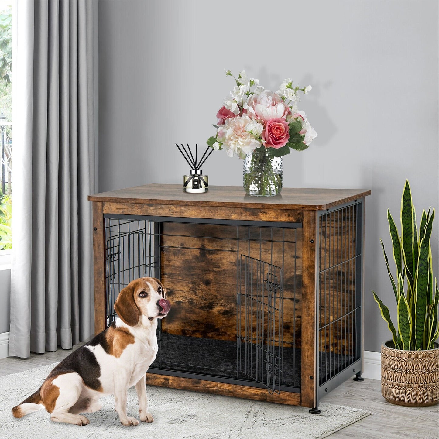 Wooden Dog Crate Furniture with Tray and Double Door, Brown - Gallery Canada