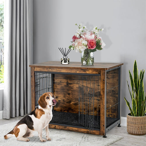 Wooden Dog Crate Furniture with Tray and Double Door, Brown