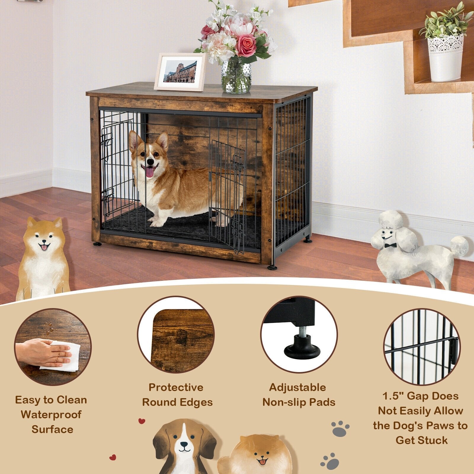 Wooden Dog Crate Furniture with Tray and Double Door, Brown Dog Kennels   at Gallery Canada