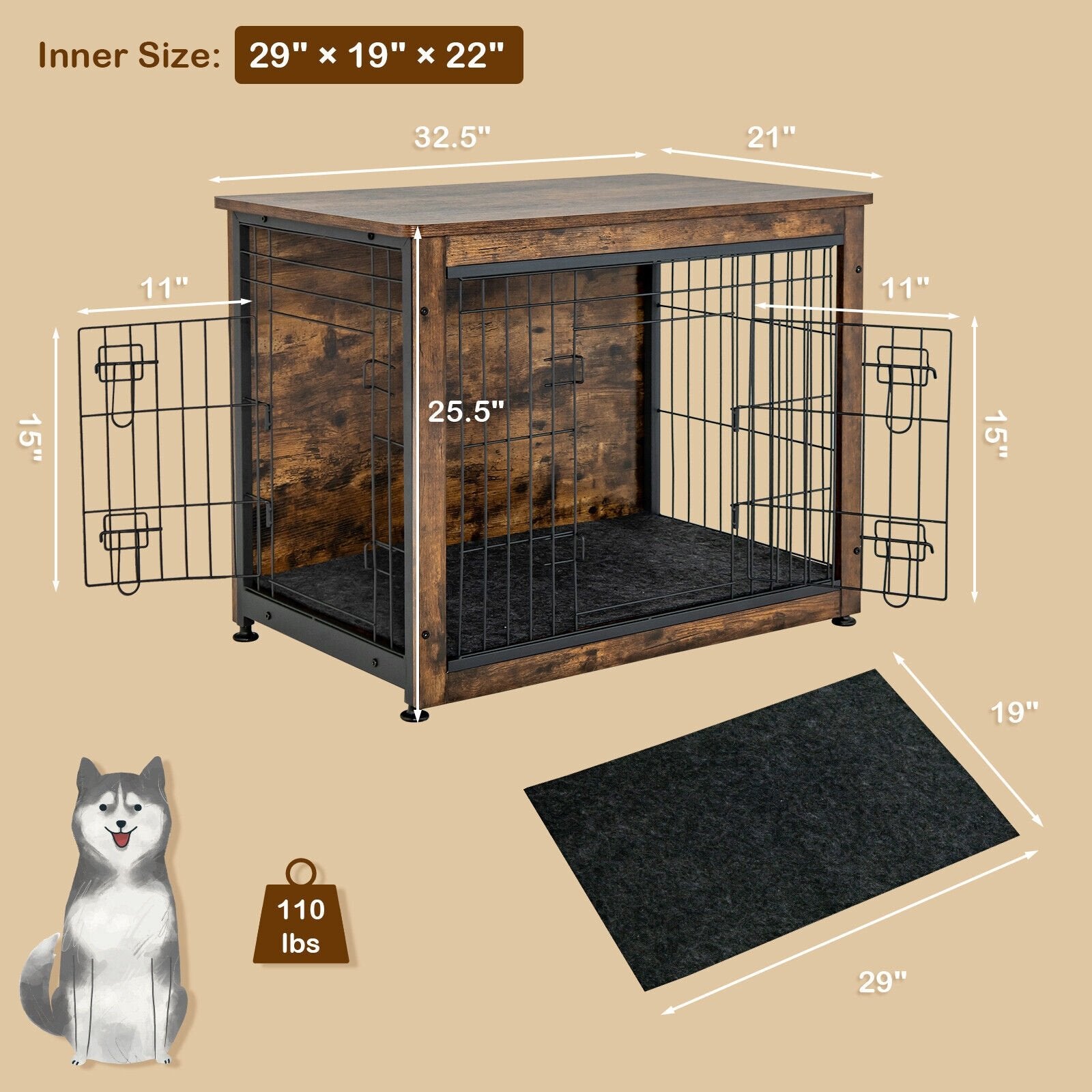 Wooden Dog Crate Furniture with Tray and Double Door, Brown Dog Kennels   at Gallery Canada