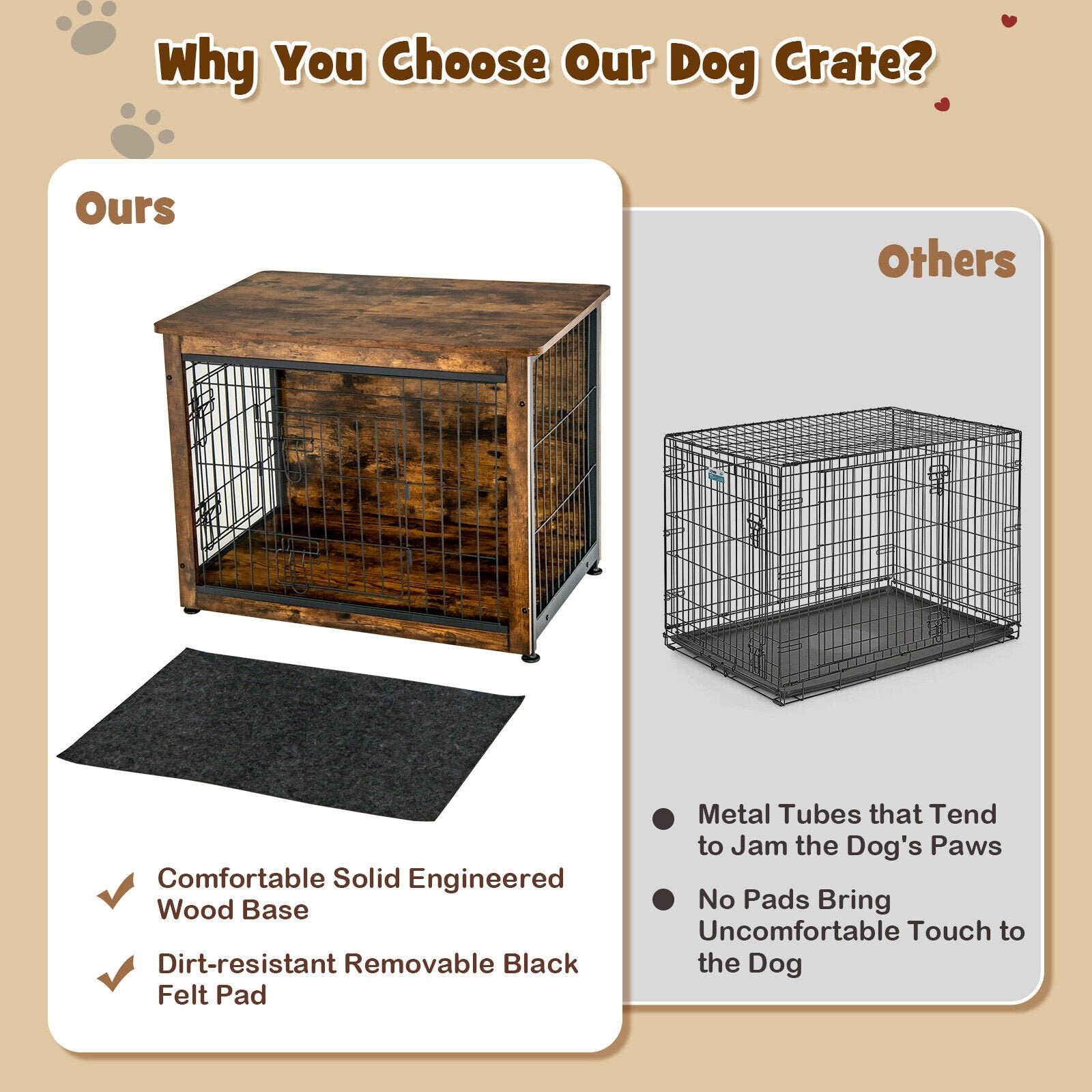 Wooden Dog Crate Furniture with Tray and Double Door, Brown Dog Kennels   at Gallery Canada