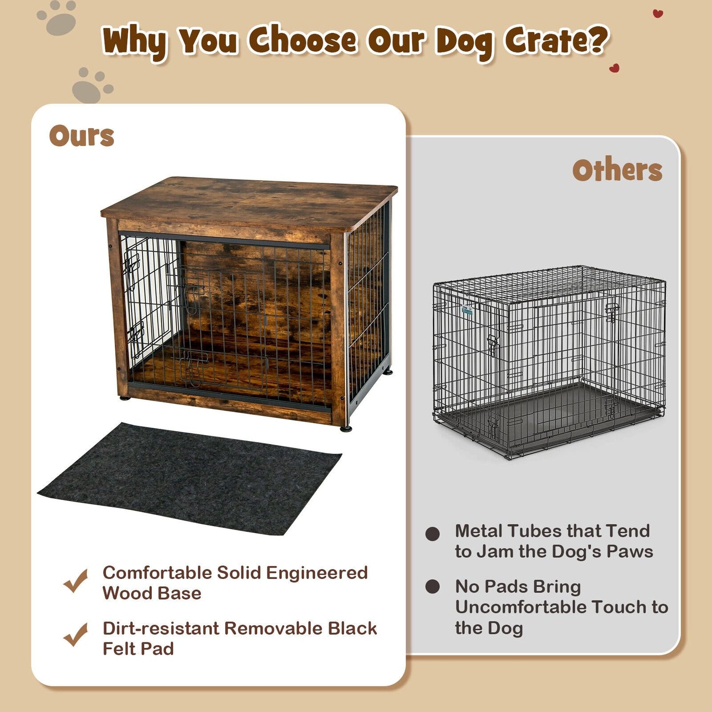 Wooden Dog Crate Furniture with Tray and Double Door, Brown - Gallery Canada