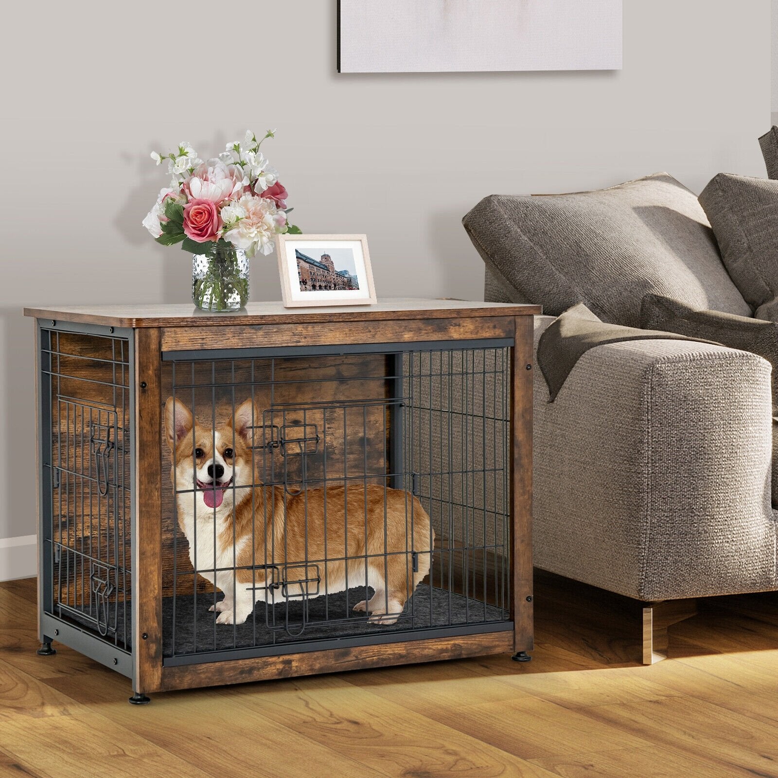 Wooden Dog Crate Furniture with Tray and Double Door, Brown Dog Kennels   at Gallery Canada