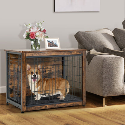 Wooden Dog Crate Furniture with Tray and Double Door, Brown Dog Kennels   at Gallery Canada