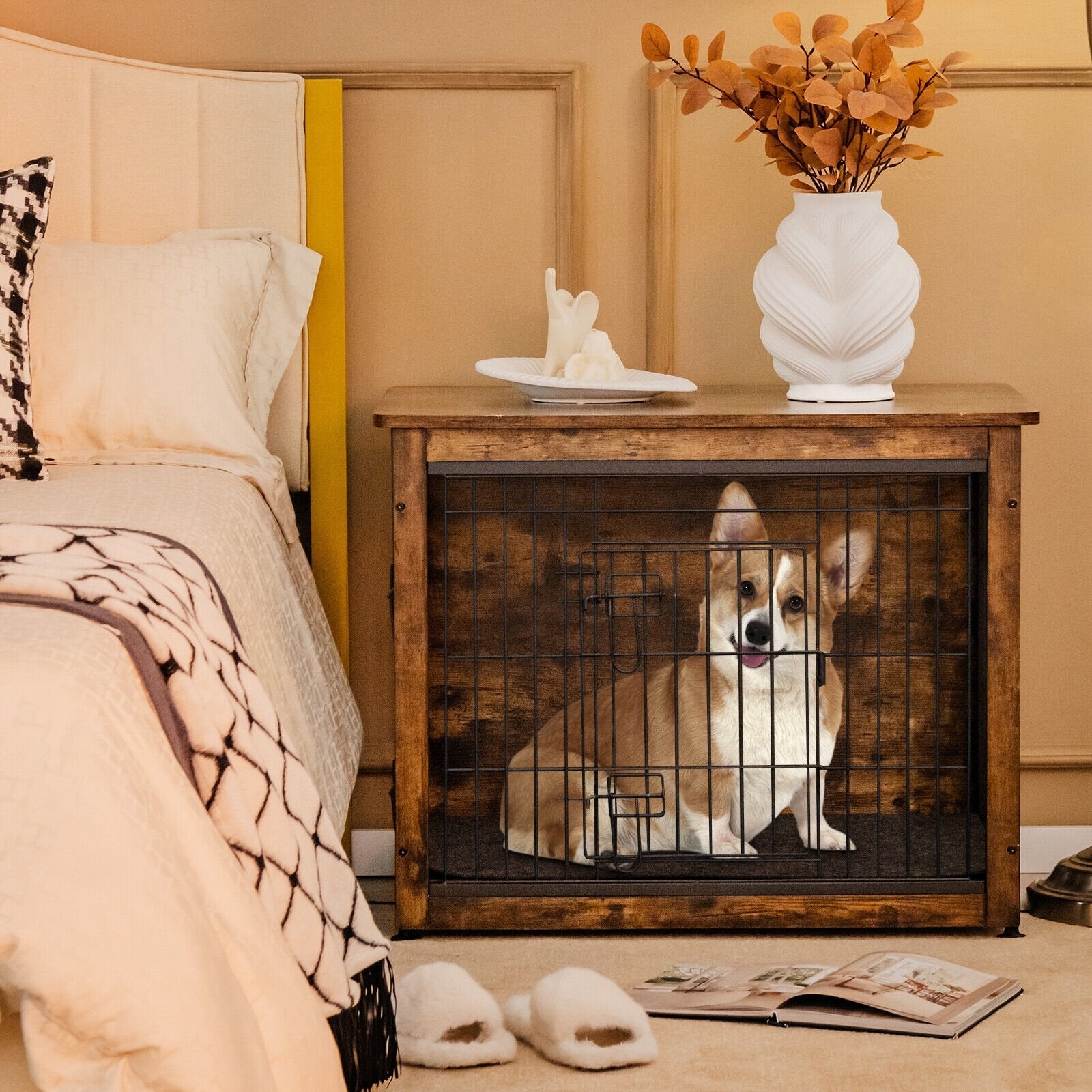 Wooden Dog Crate Furniture with Tray and Double Door, Brown Dog Kennels   at Gallery Canada