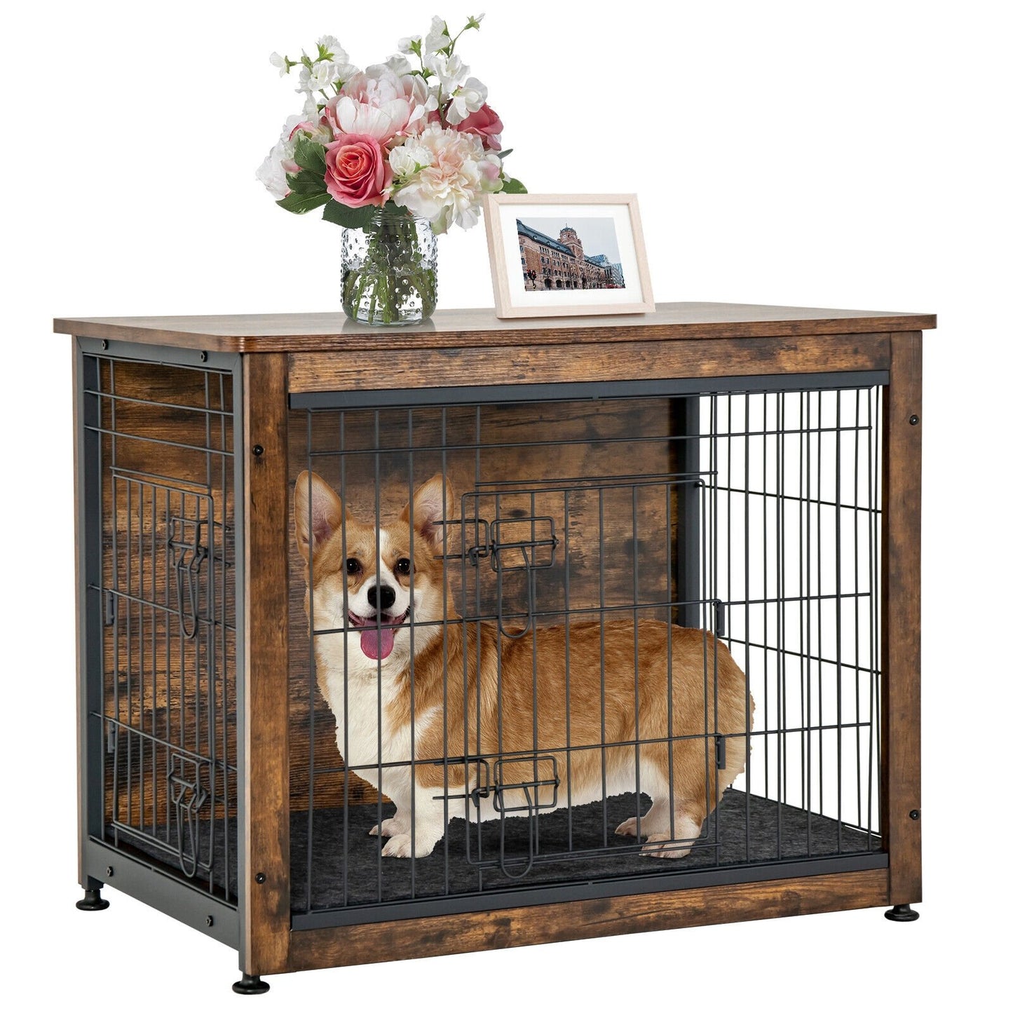 Wooden Dog Crate Furniture with Tray and Double Door, Brown Dog Kennels   at Gallery Canada