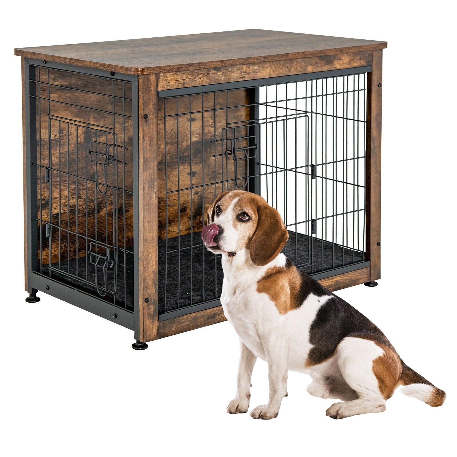 Wooden Dog Crate Furniture with Tray and Double Door, Brown Dog Kennels   at Gallery Canada