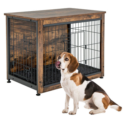 Wooden Dog Crate Furniture with Tray and Double Door, Brown - Gallery Canada